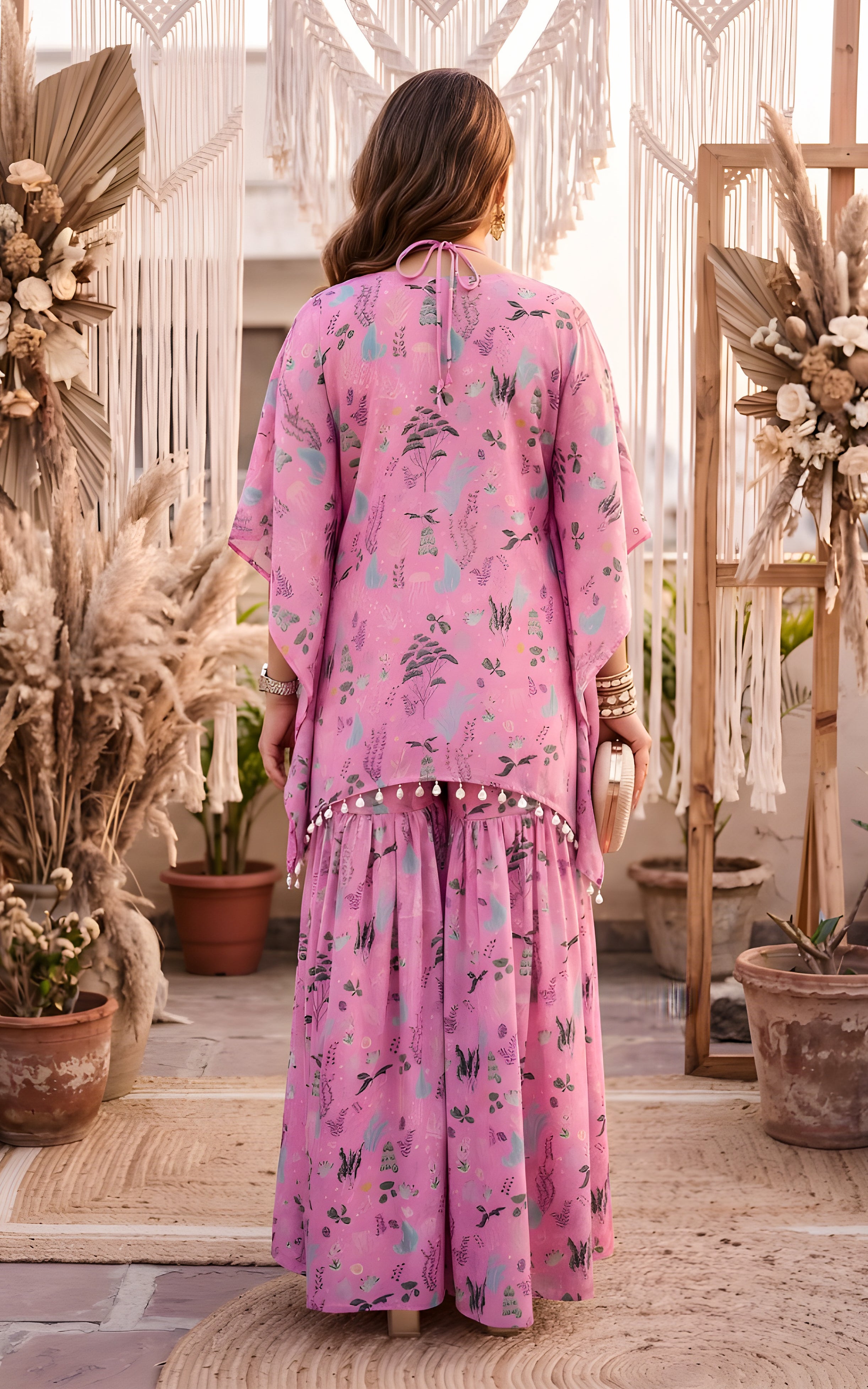 Pink Aqutic Print Crop Top and Sharara Set