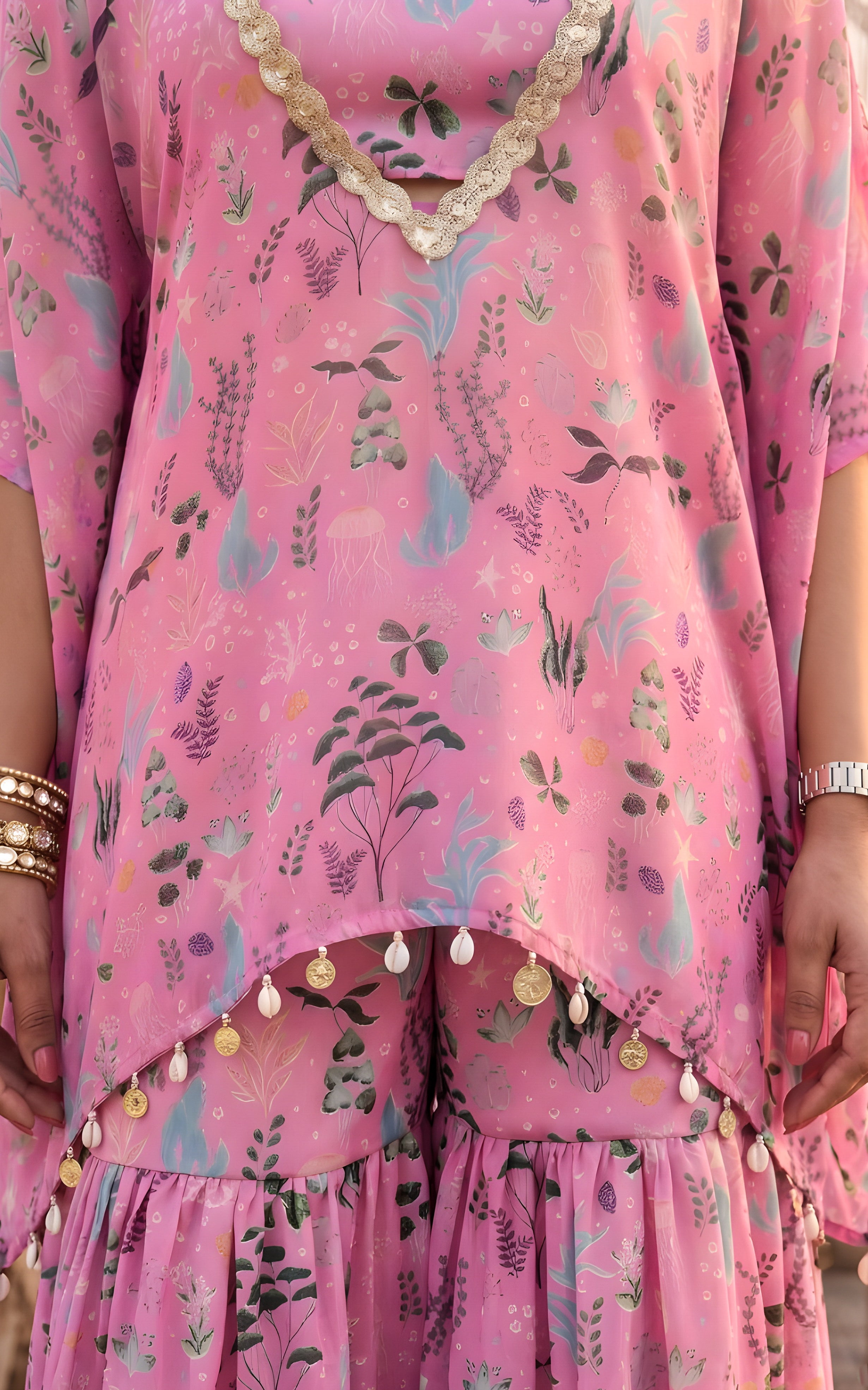 Pink Aqutic Print Crop Top and Sharara Set