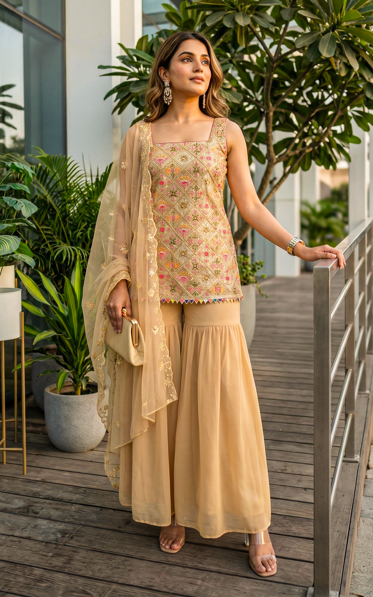 Beige Emroidered Sharara Set