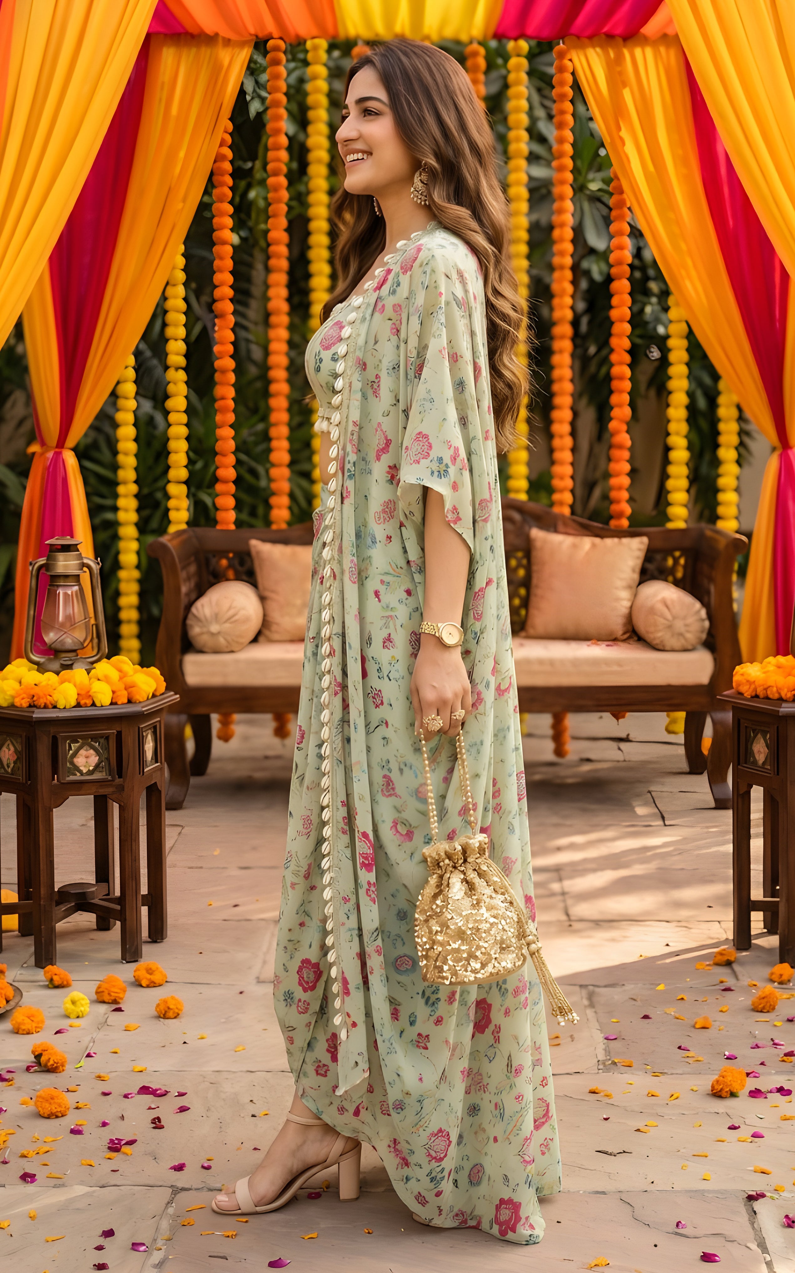 Sharmin Panjwani Sage Green Printed Georgette Crop Top & Draped Skirt Co-ord Set