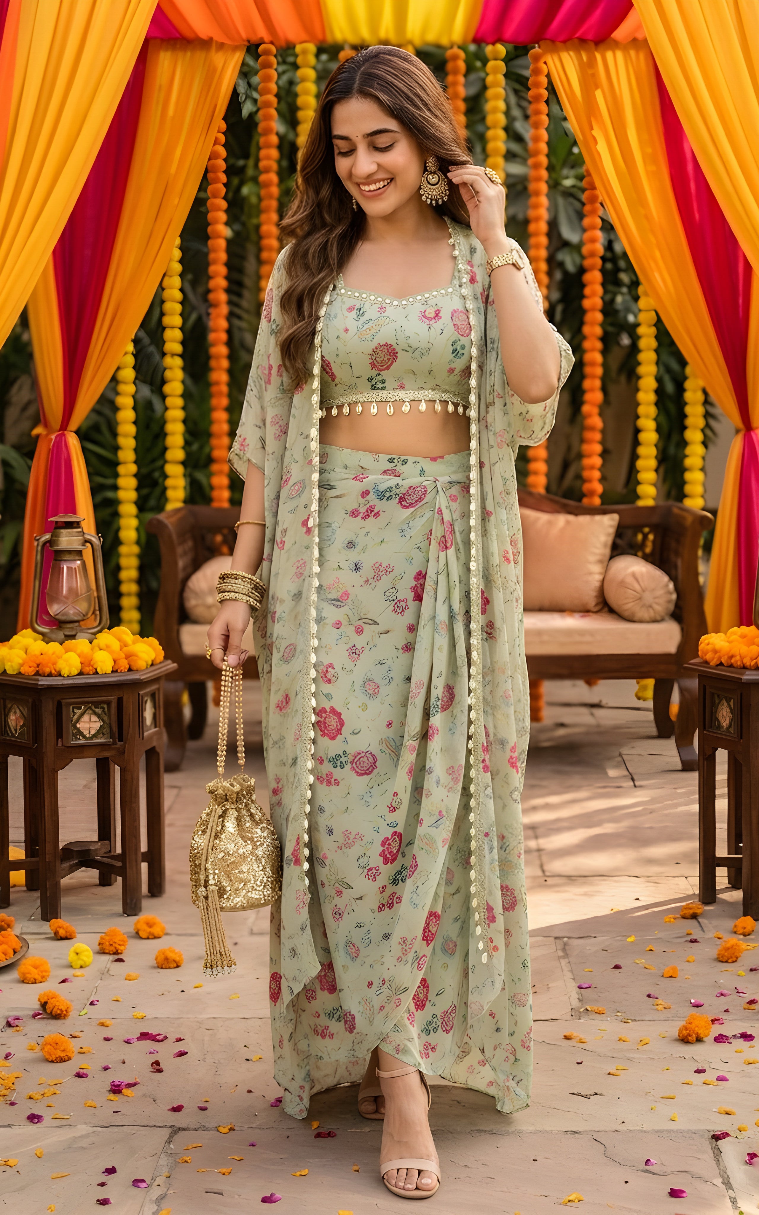 Sharmin Panjwani Sage Green Printed Georgette Crop Top & Draped Skirt Co-ord Set
