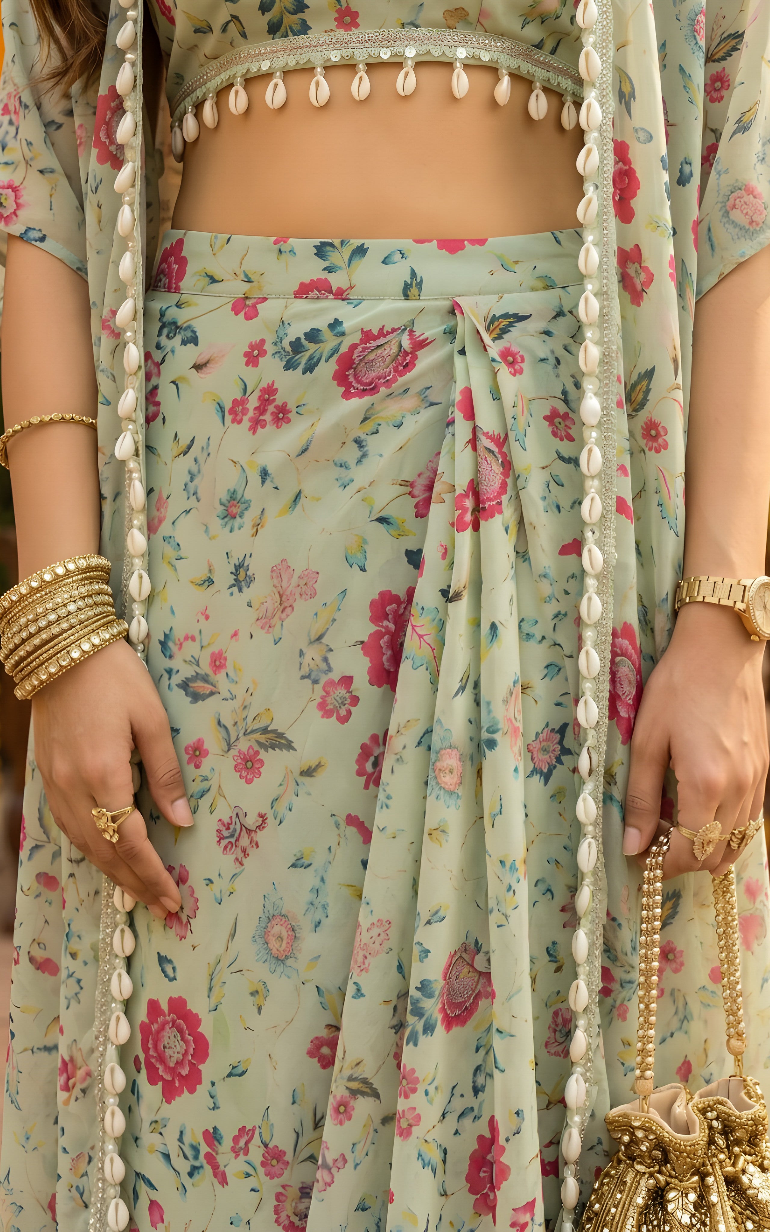 Sharmin Panjwani Sage Green Printed Georgette Crop Top & Draped Skirt Co-ord Set