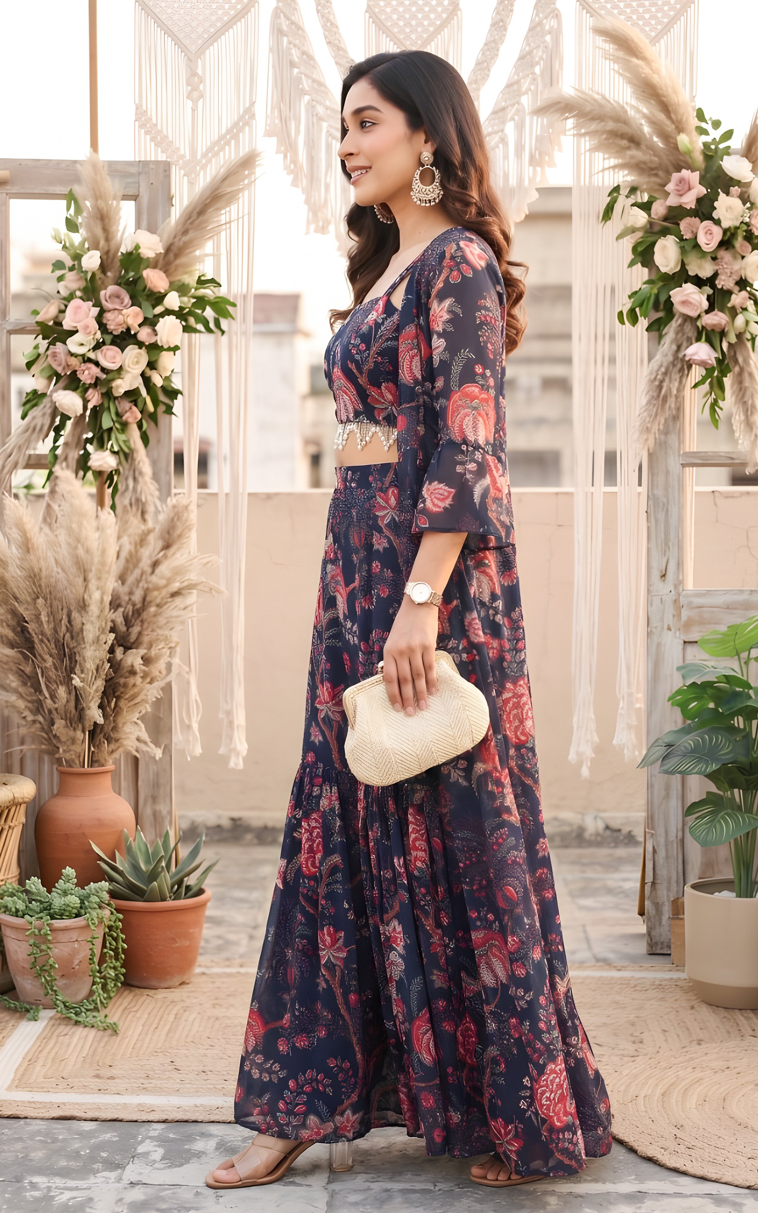 Srishti Navy Blue Floral Printed Georgette Crop-Top & Sharara Set