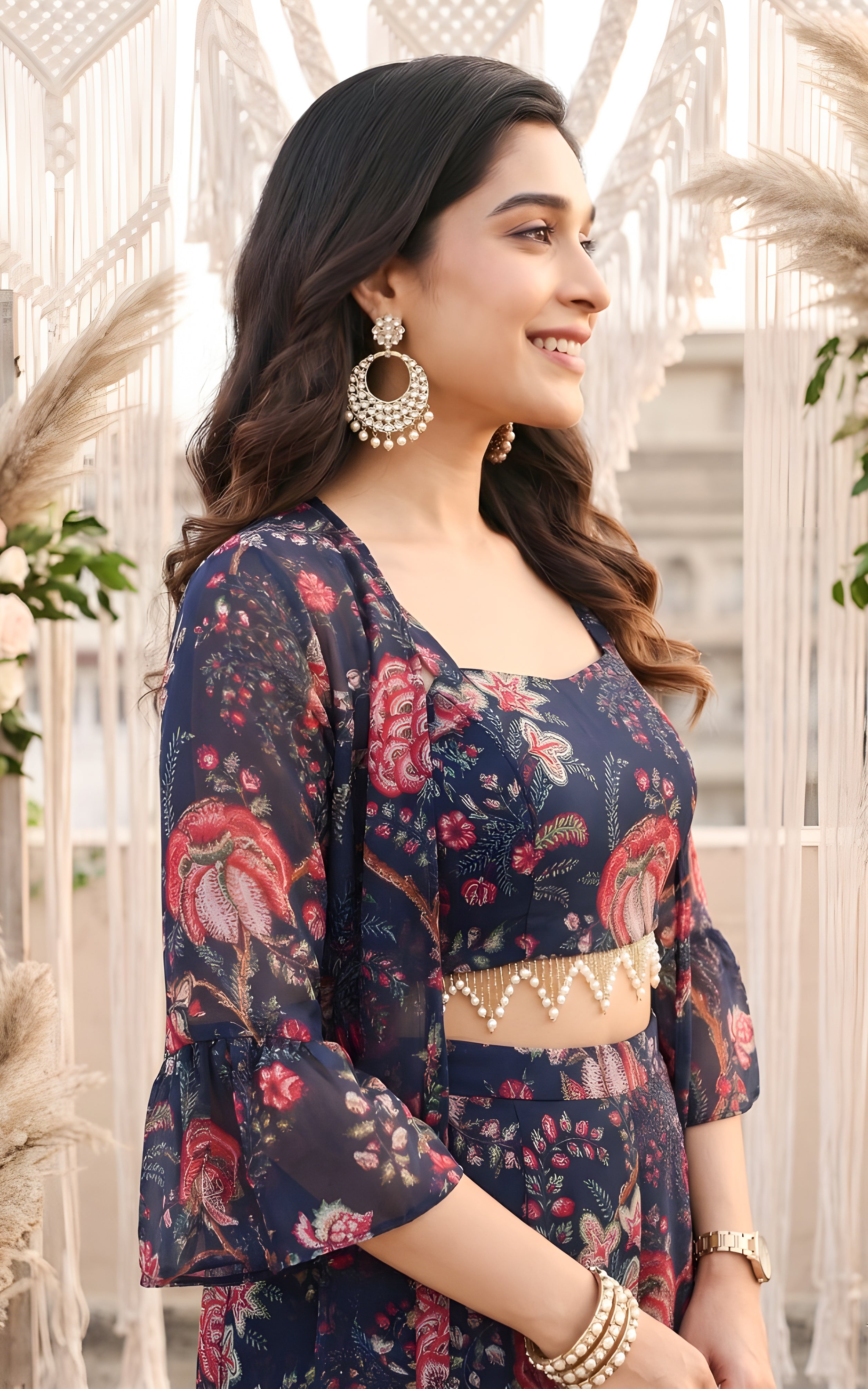Srishti Navy Blue Floral Printed Georgette Crop-Top & Sharara Set