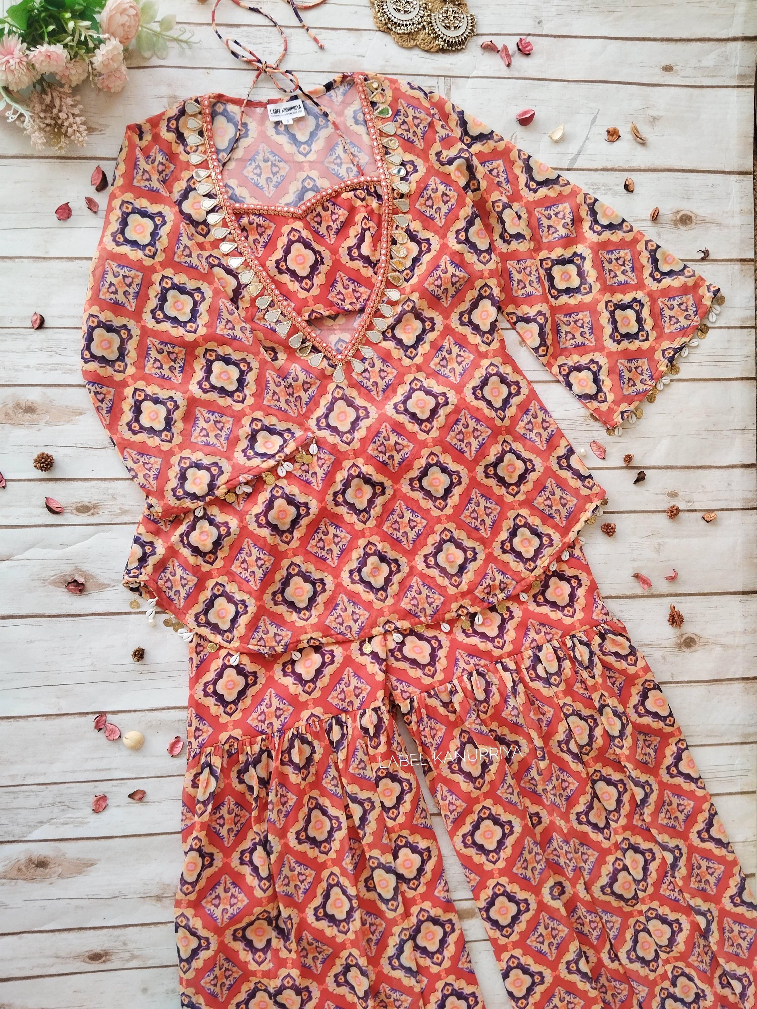Brick Red Geometric Print Kurti Crop-top Sharara Set
