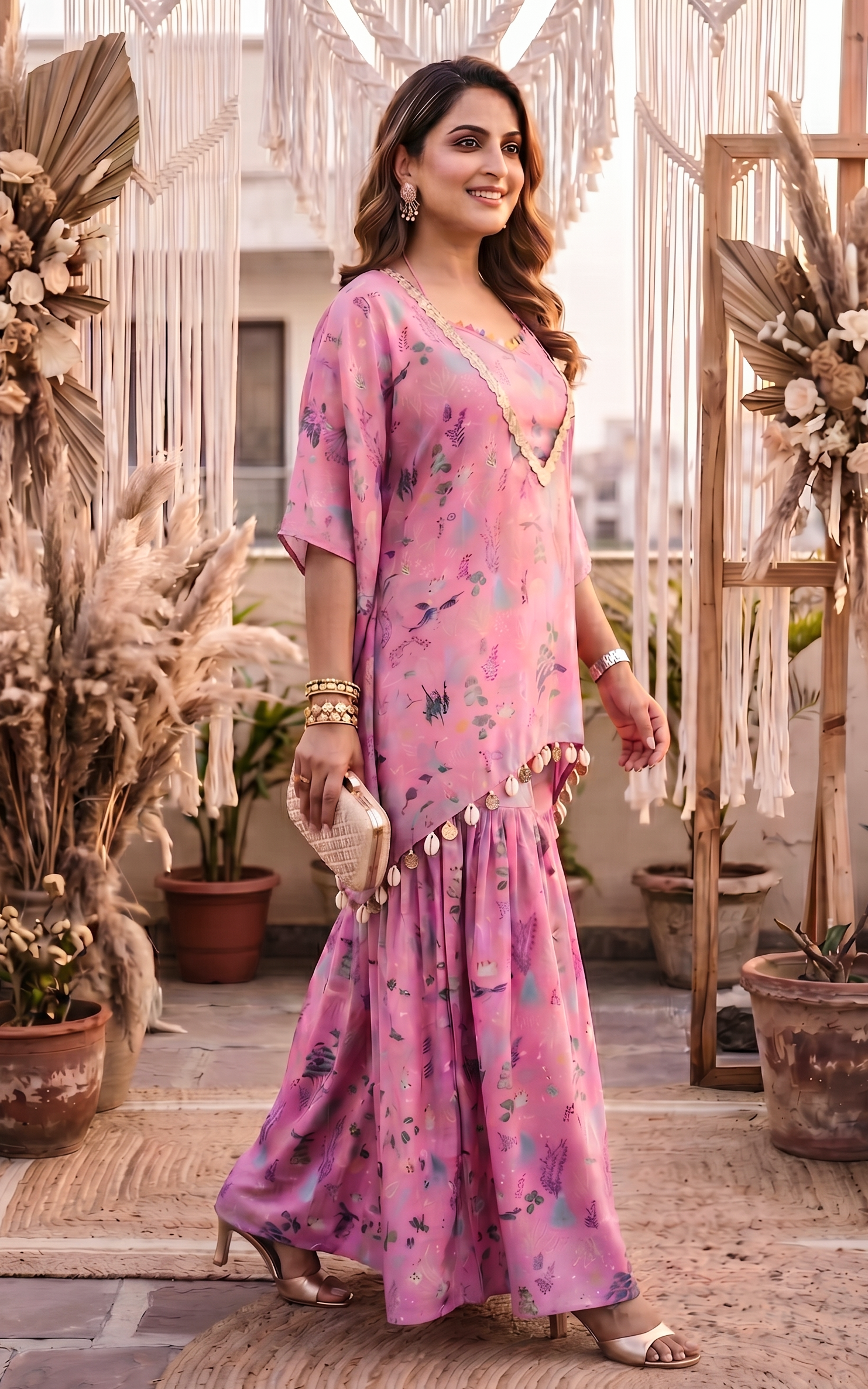 Pink Aquatic Print Crop Top and Sharara Set