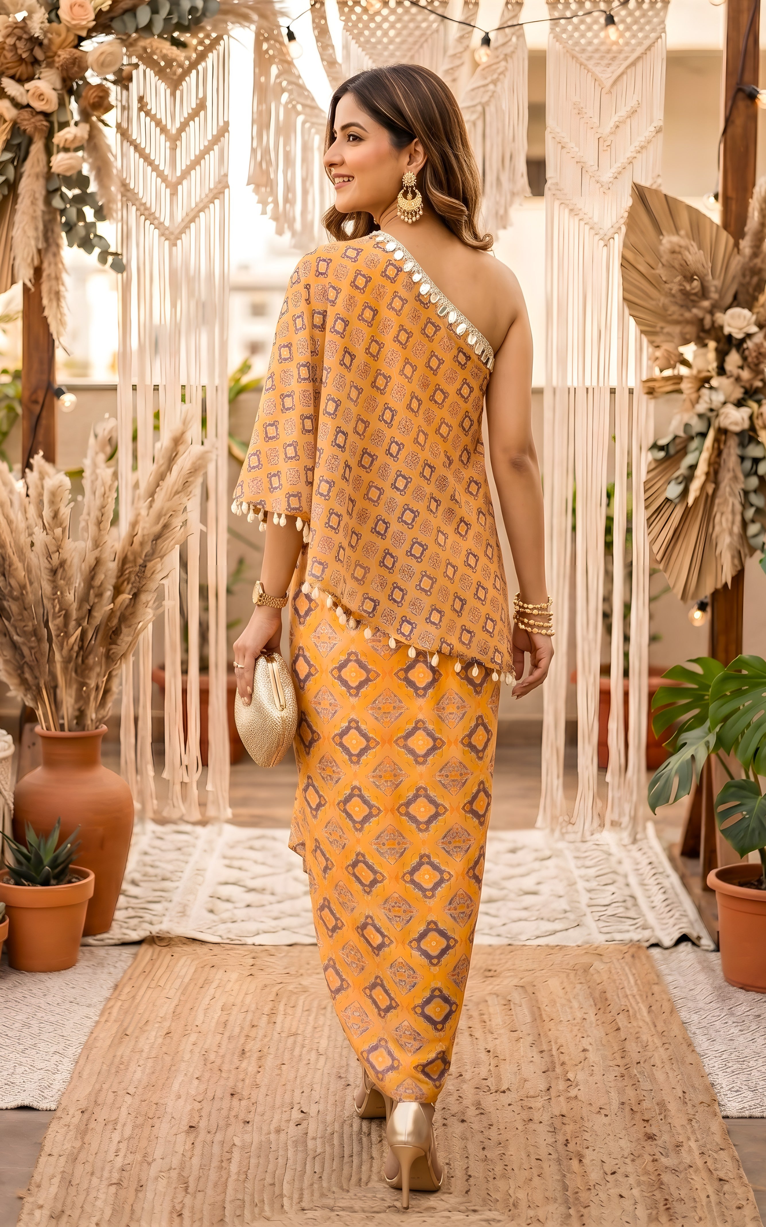 Yellow Geometric Print One-Shoulder Top & Draped Skirt