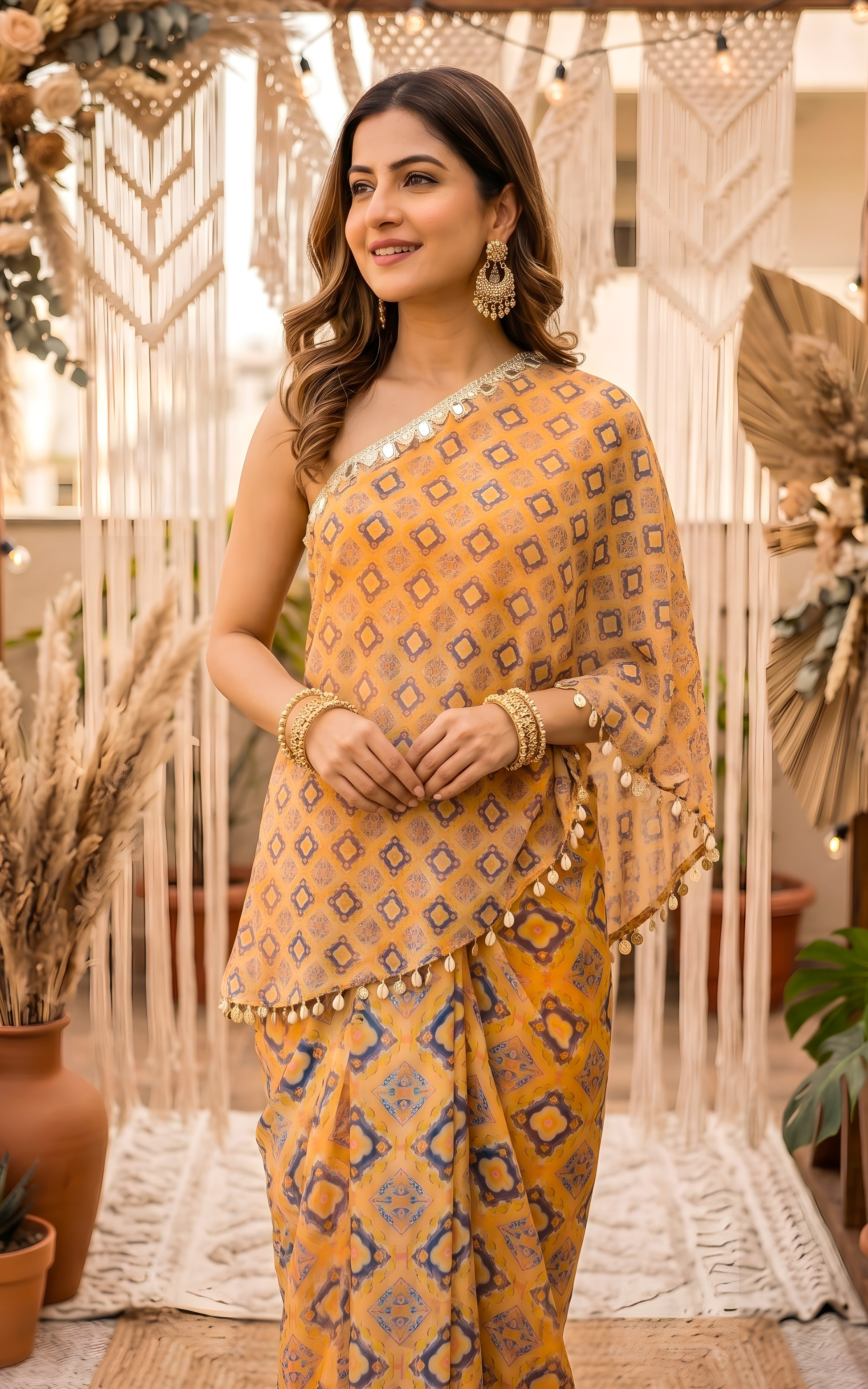 Yellow Geometric Print One-Shoulder Top & Draped Skirt