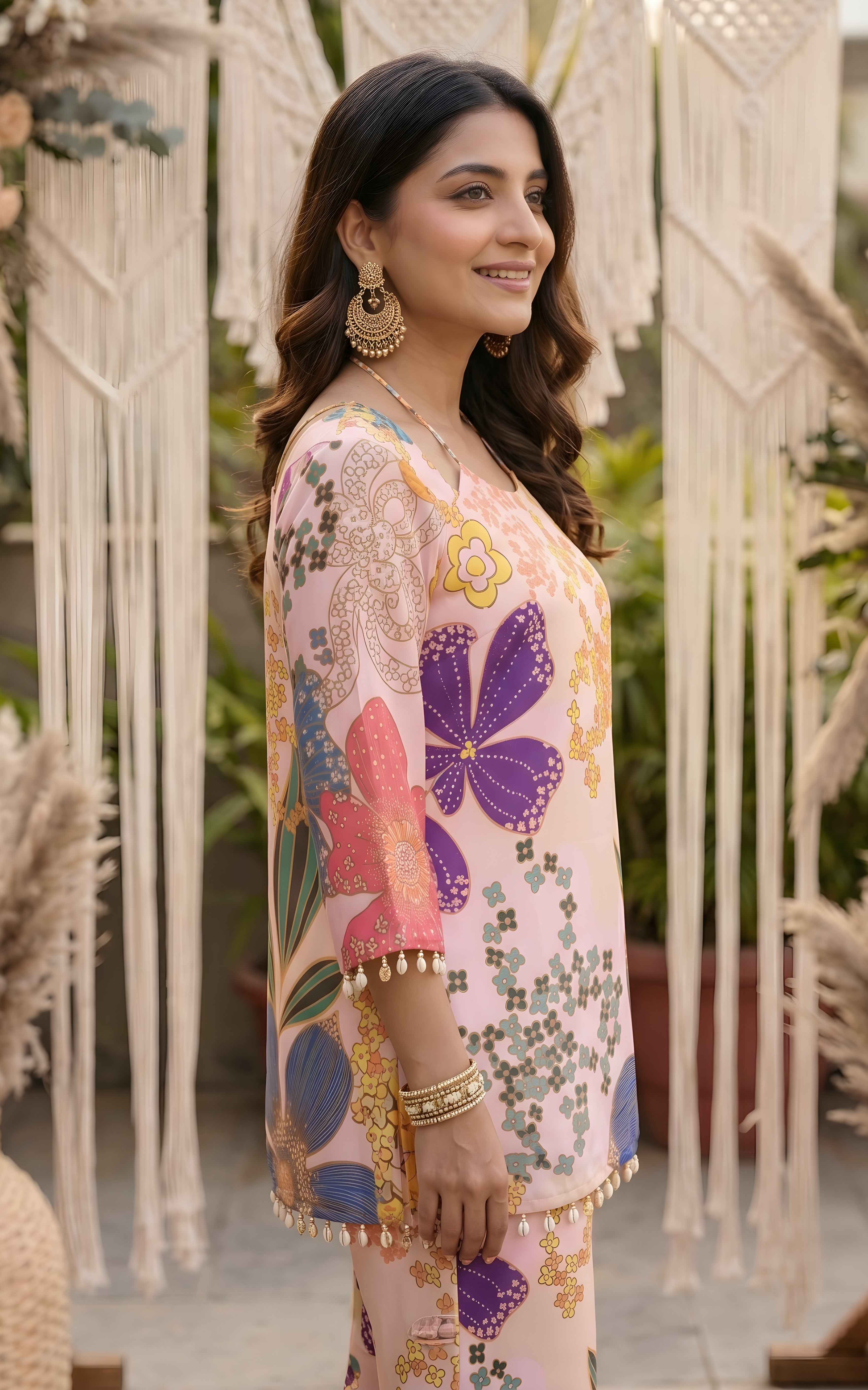 Vintage Pink Kurti and Flared Pants Co-ord Set