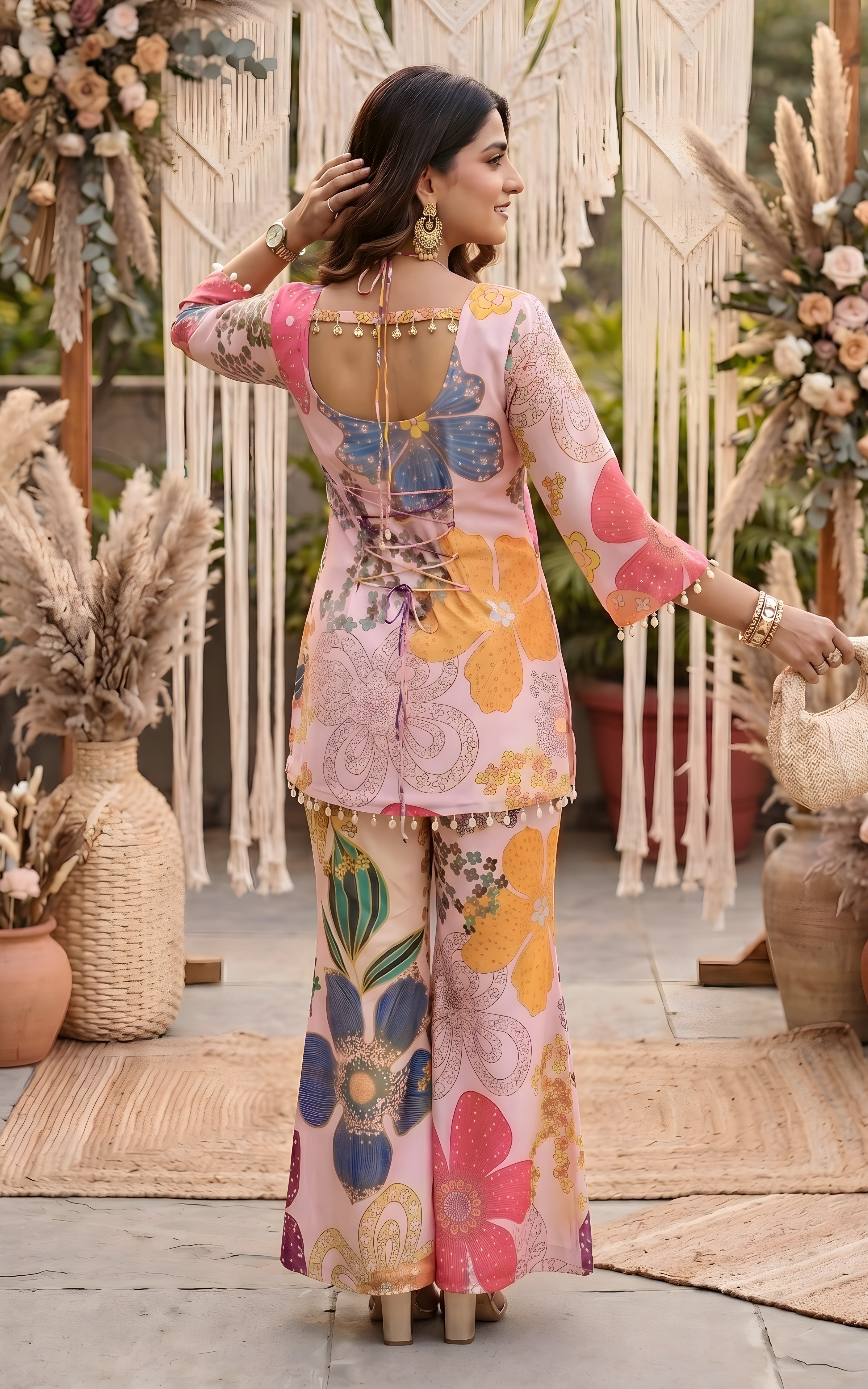 Vintage Pink Kurti and Flared Pants Co-ord Set