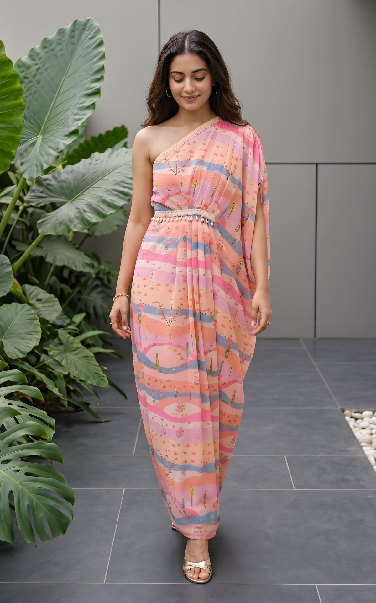 Graphic Landscape One-shoulder Drape Dress