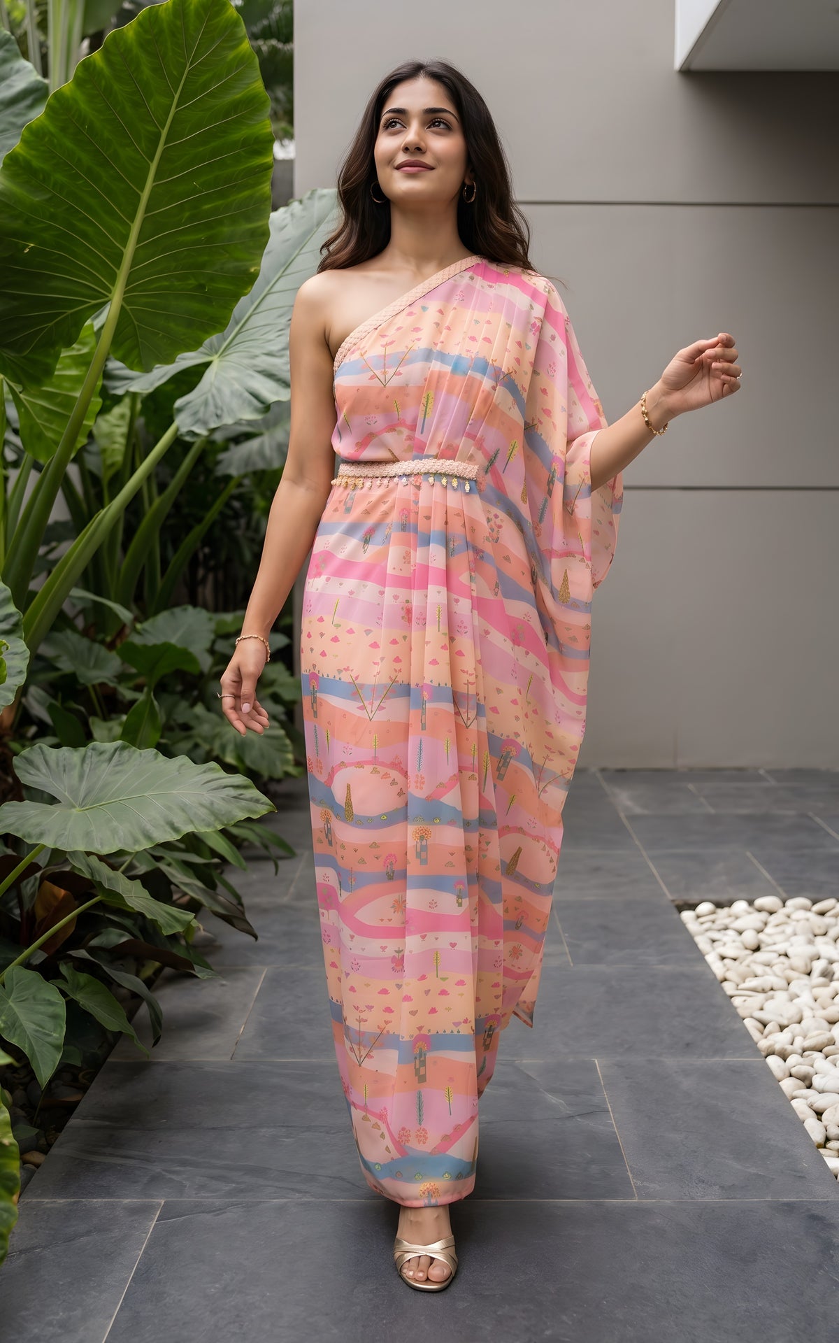 Graphic Landscape One-shoulder Drape Dress