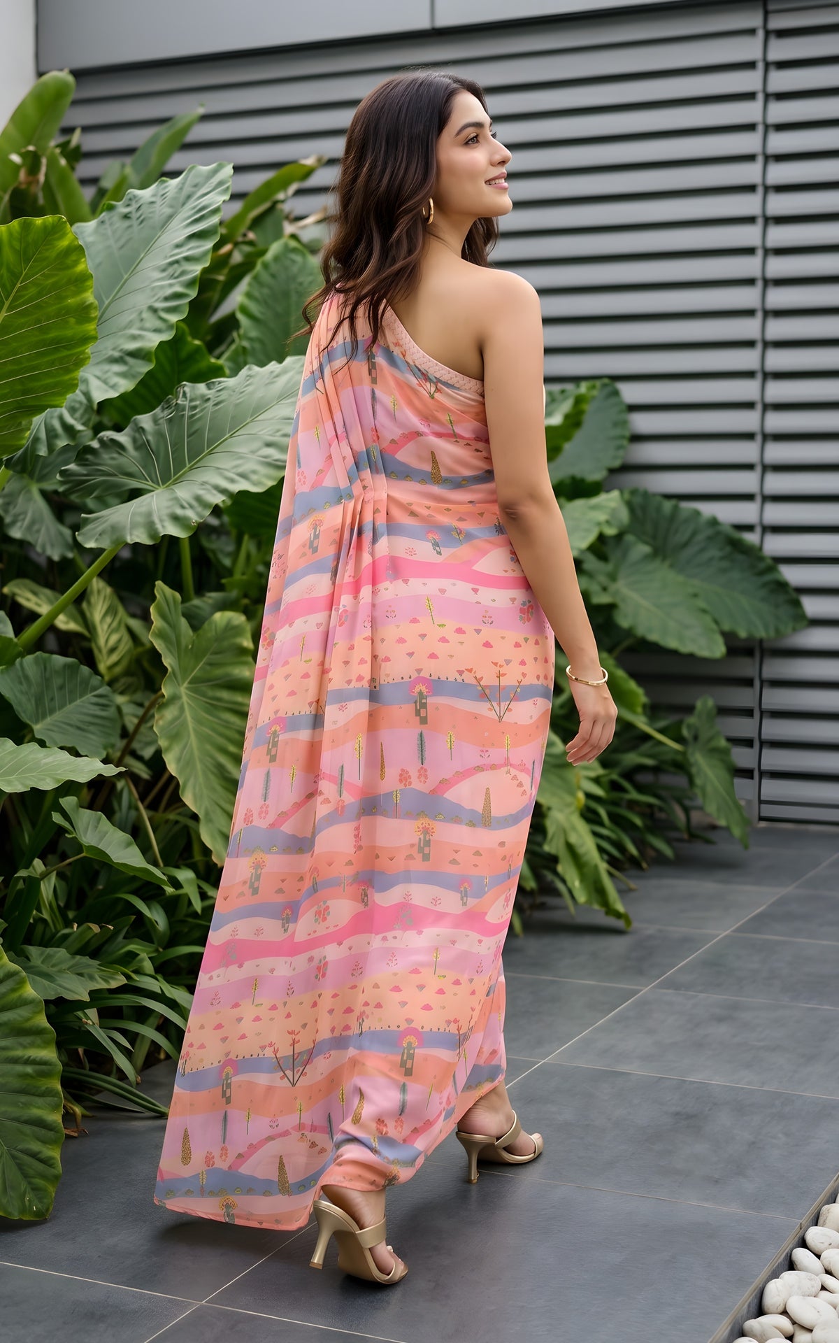 Graphic Landscape One-shoulder Drape Dress