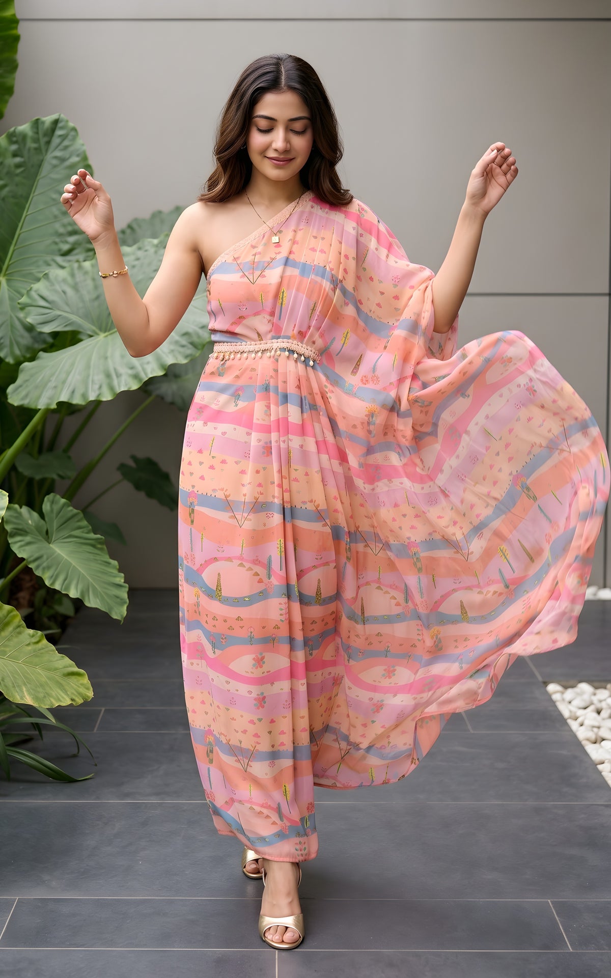 Graphic Landscape One-shoulder Drape Dress