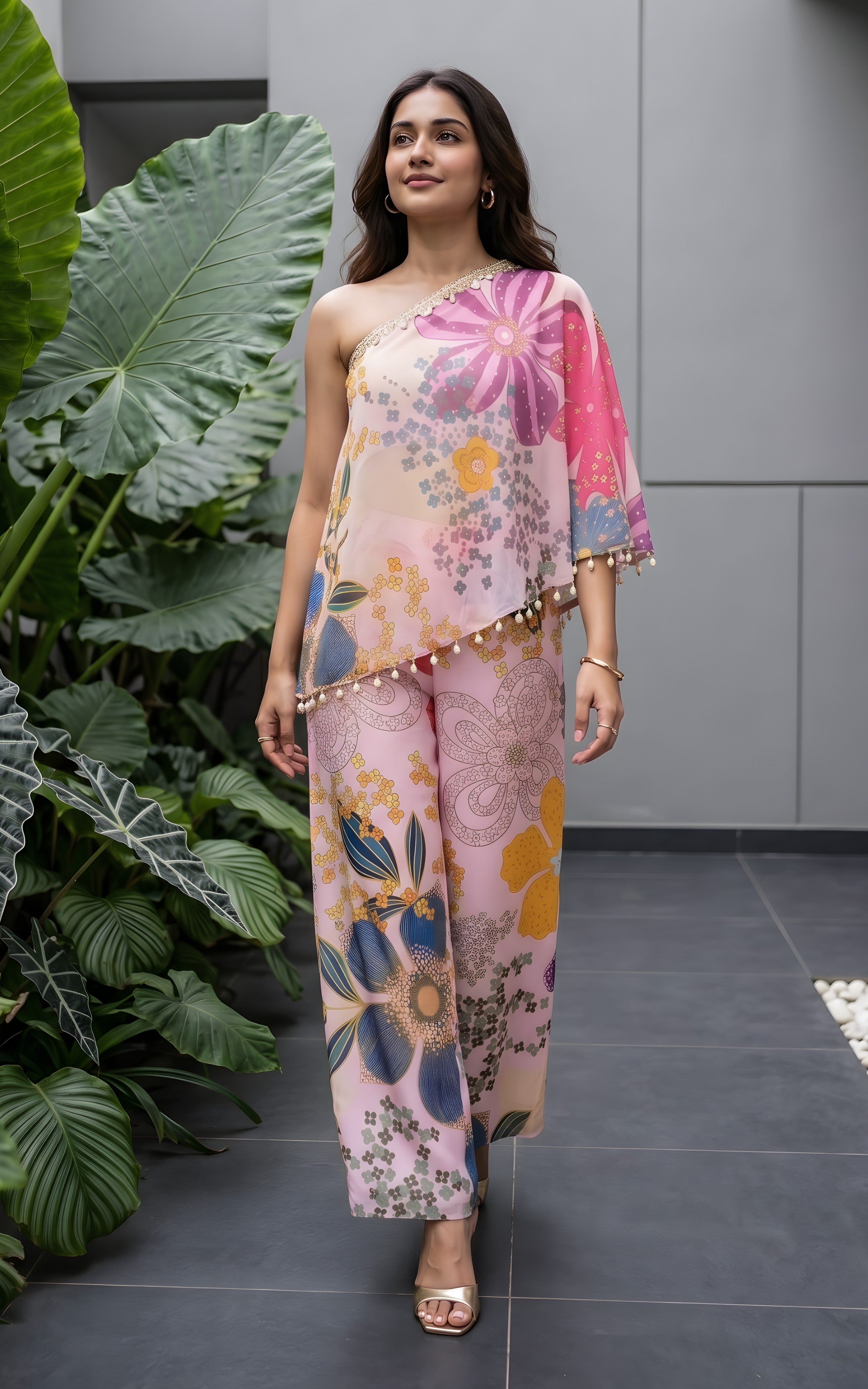 Vintage Pink Floral One-shoulder Co-ord Set