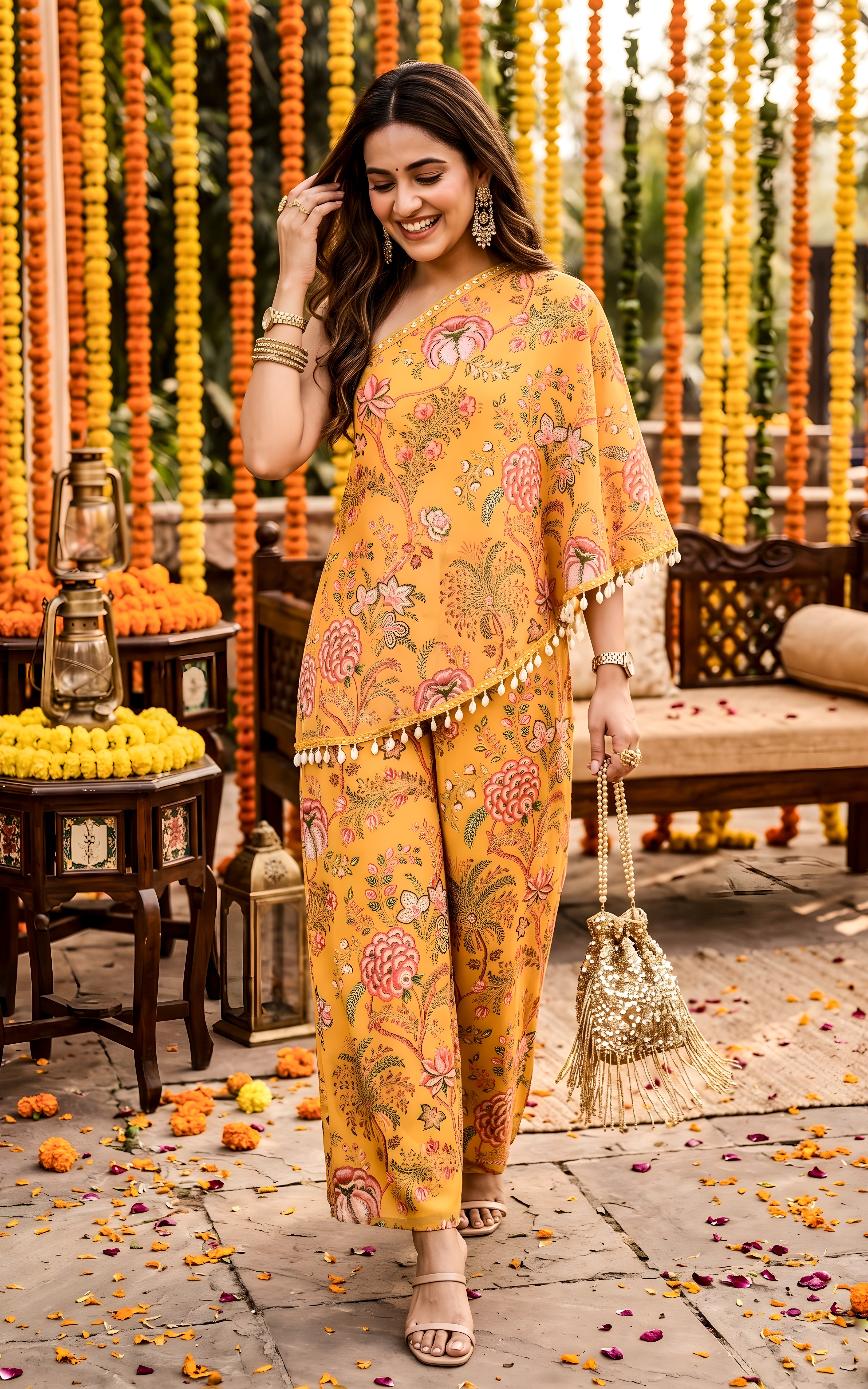 Mustard Floral Tunic & Sharara Co-ord Set