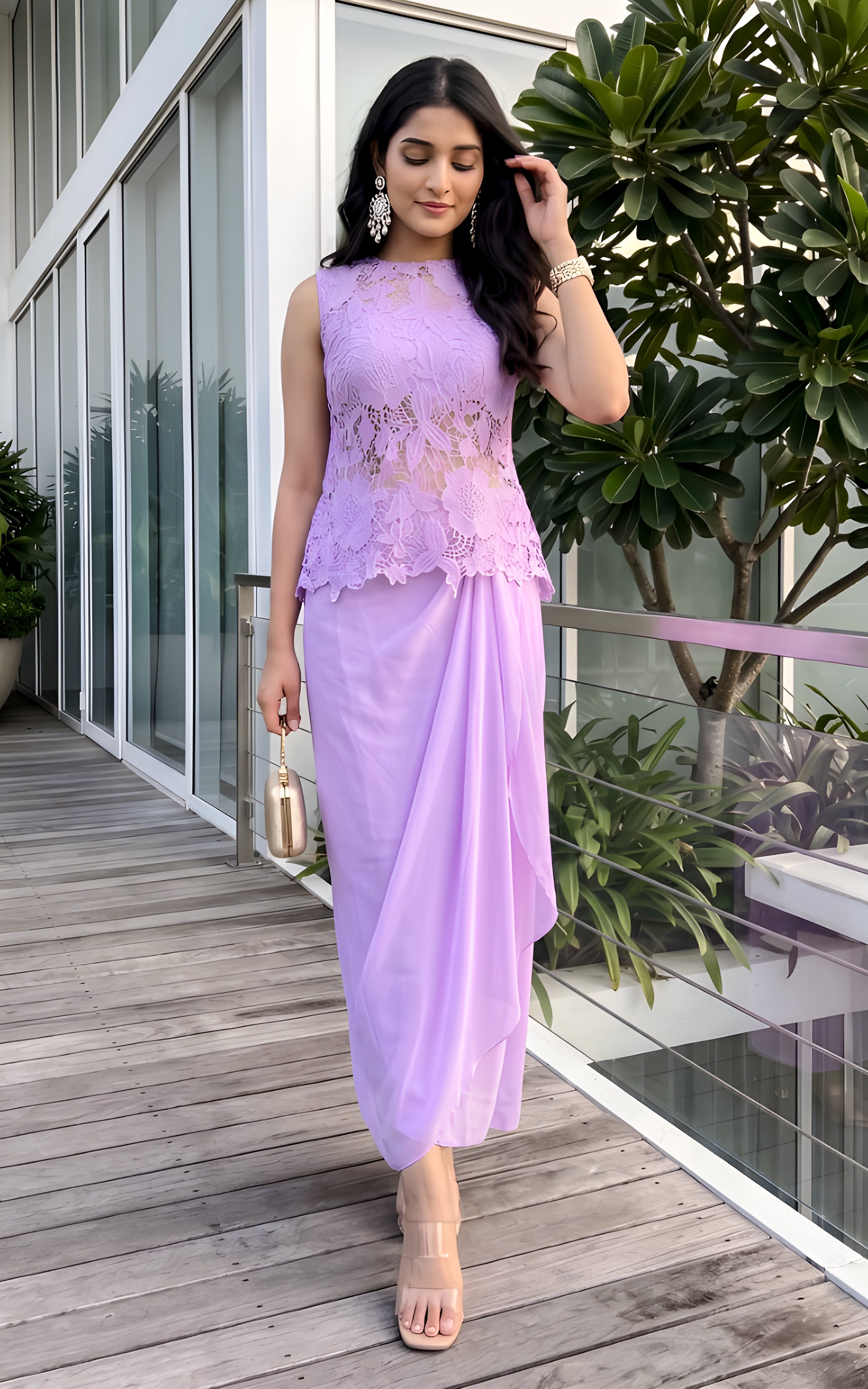 Lilac Cutwork Top & Draped Skirt Co-ord Set