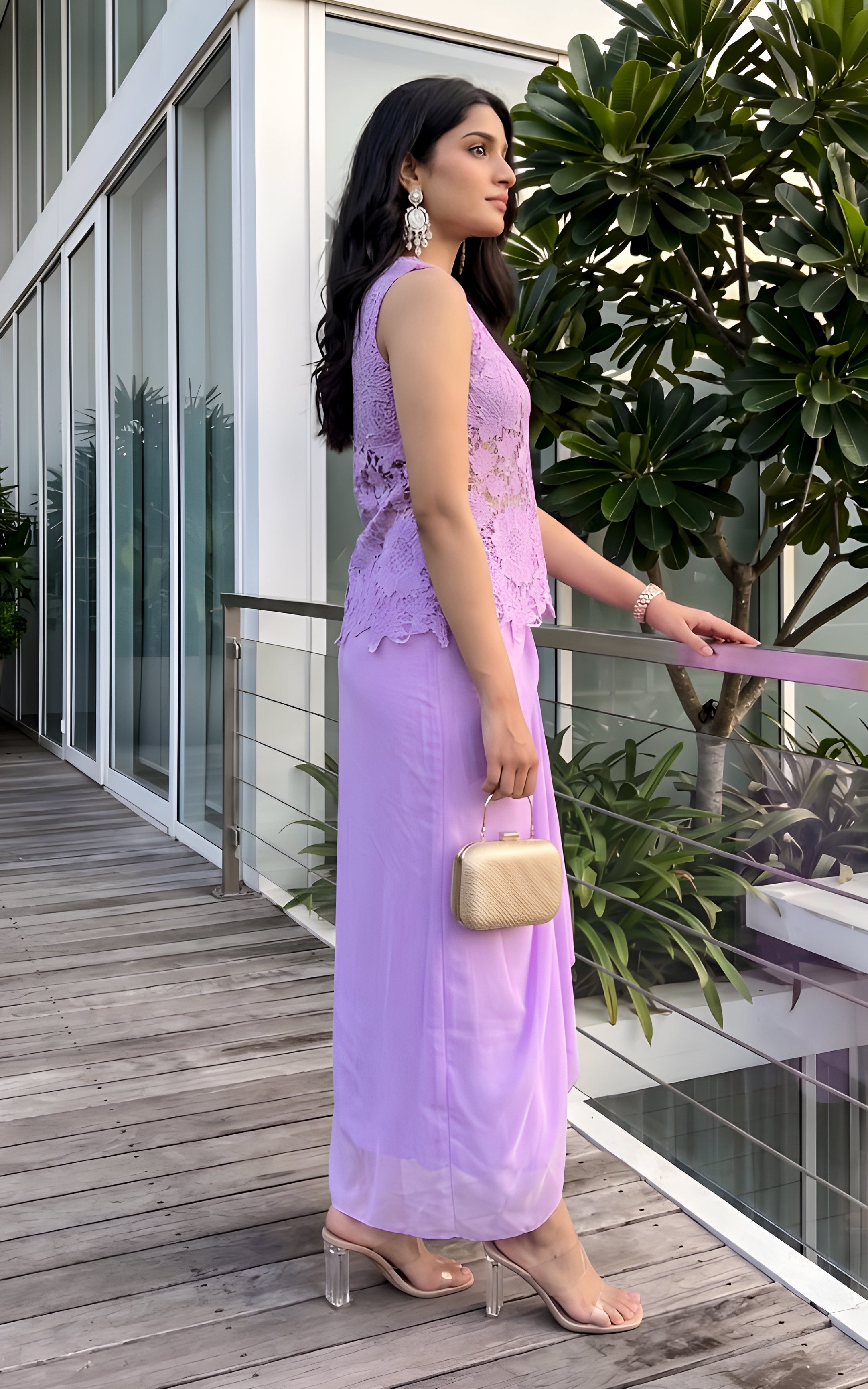 Lilac Cutwork Top & Draped Skirt Co-ord Set