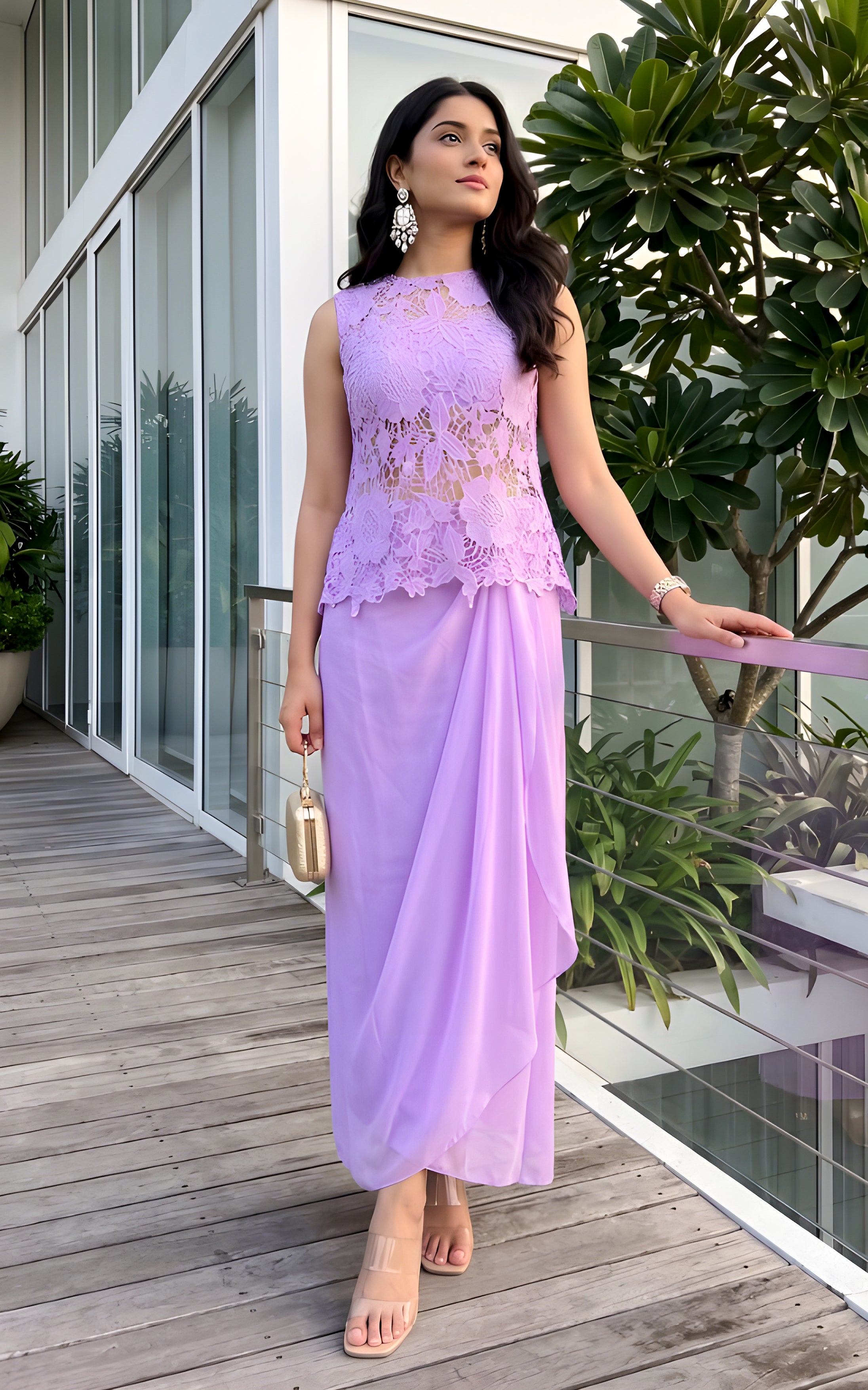 Lilac Cutwork Top & Draped Skirt Co-ord Set