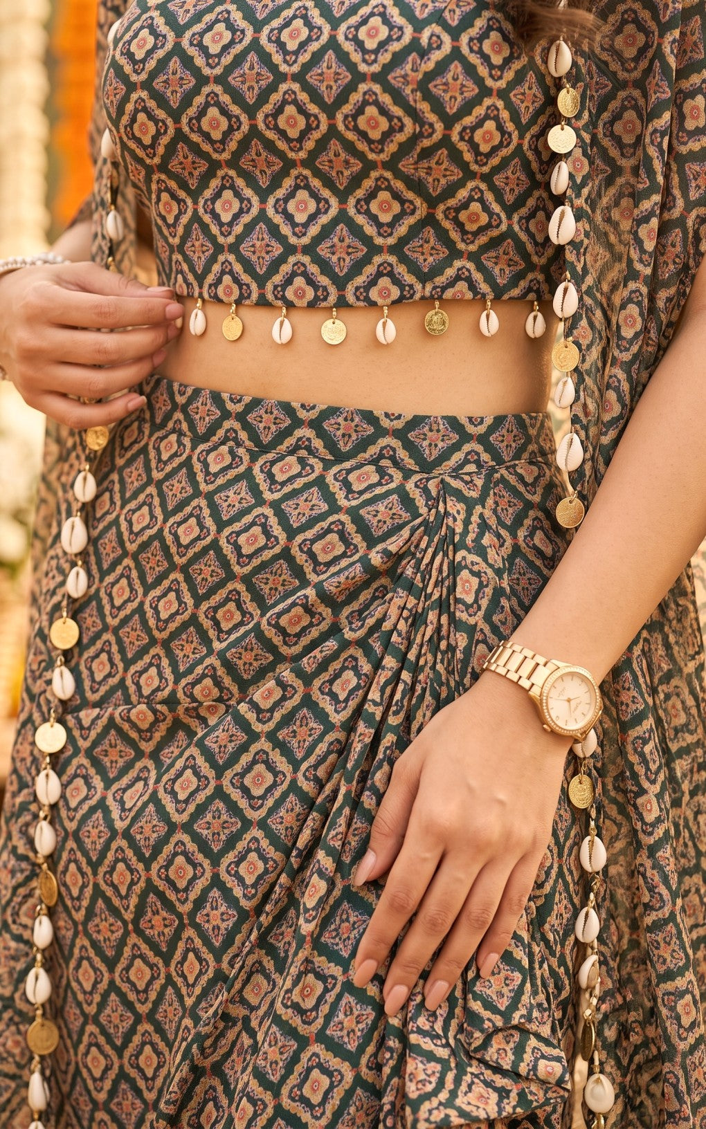 Forest Green Geometric Print Corset and Draped Skirt Set