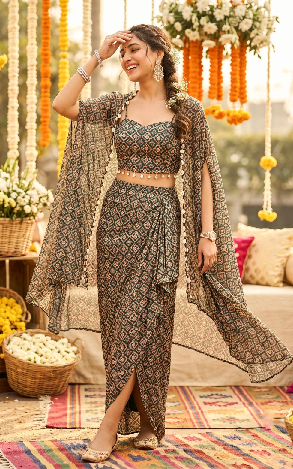 Forest Green Geometric Print Corset and Draped Skirt Set