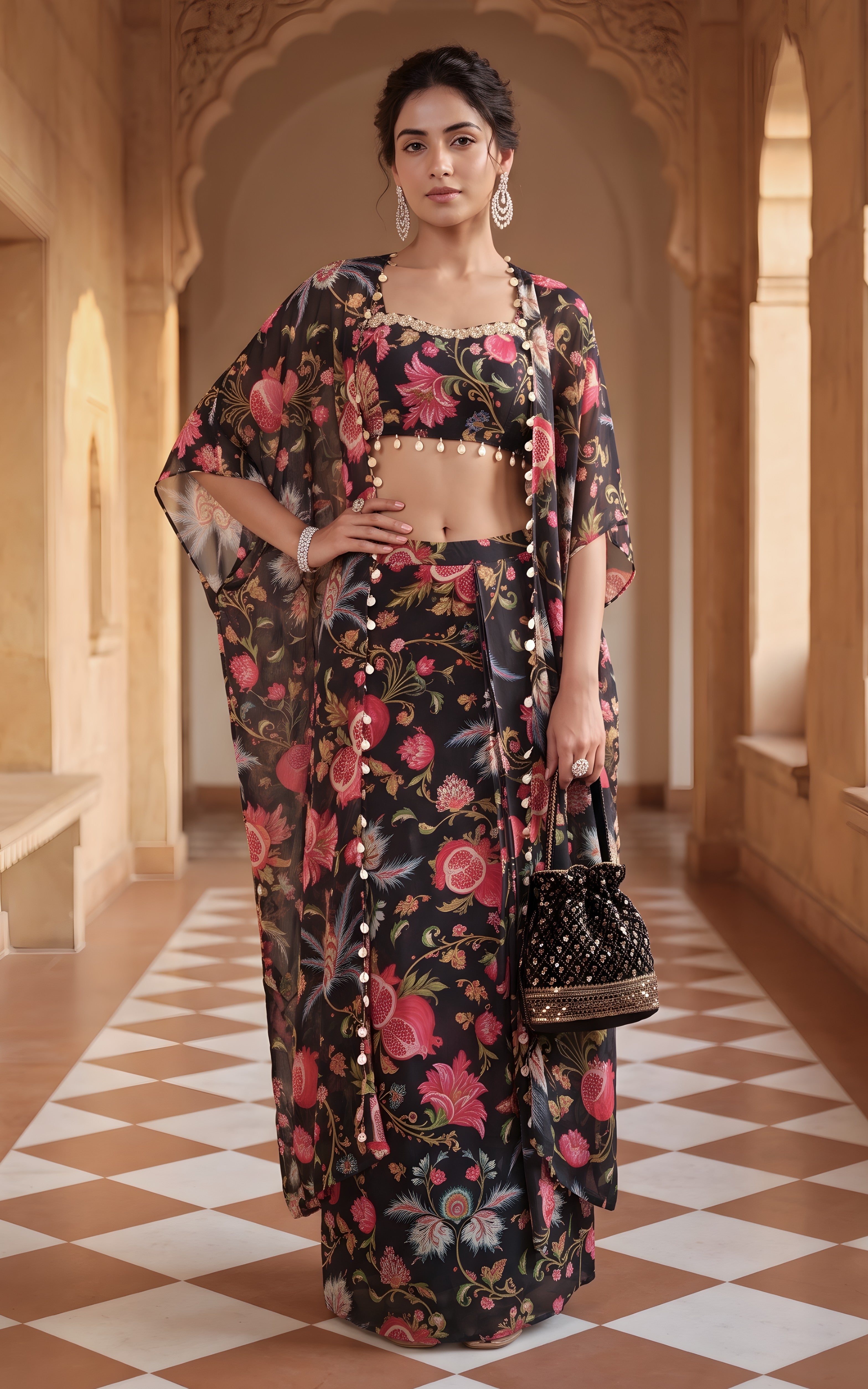 Black Floral Crop-top Draped Skirt Co-ord Set