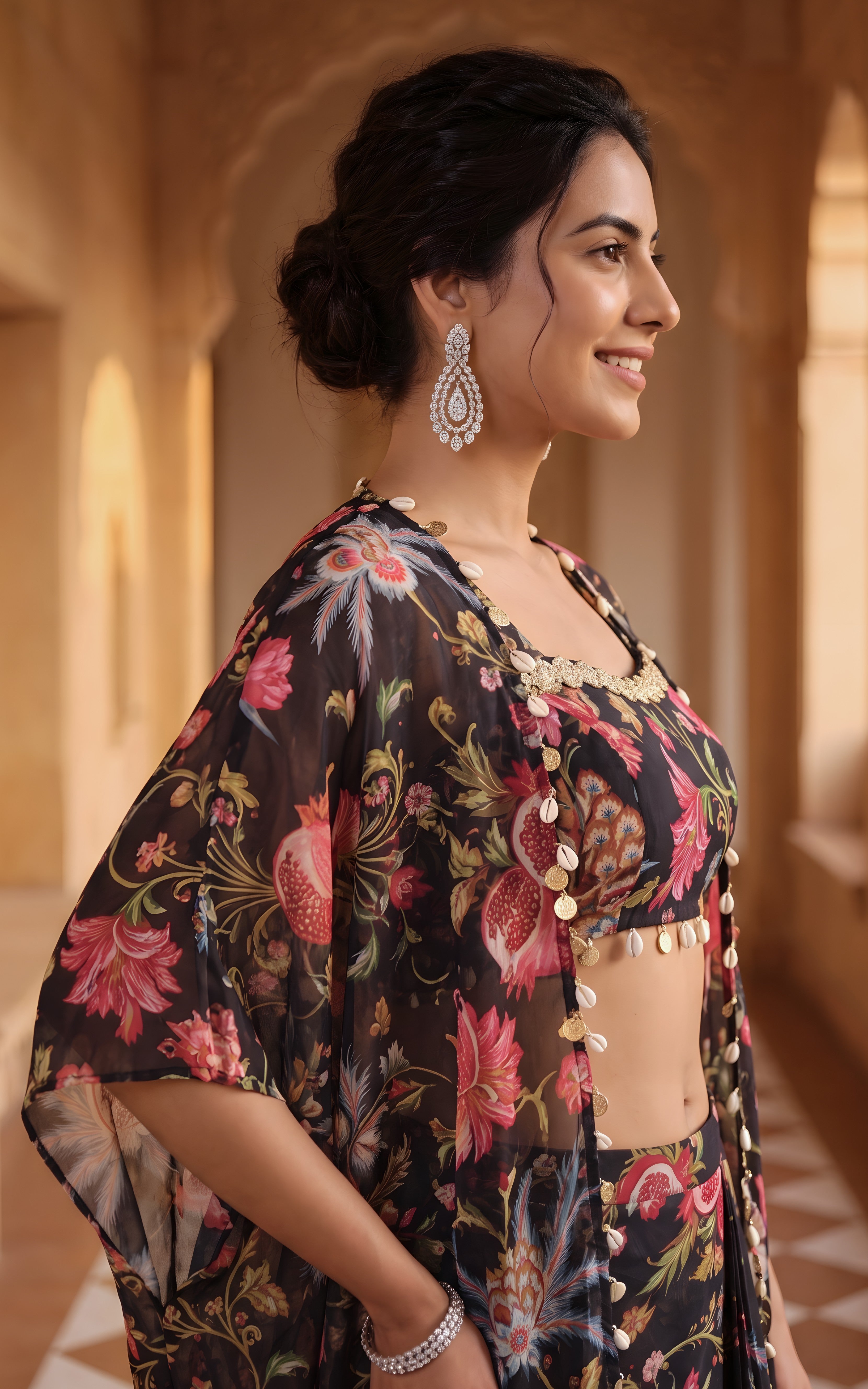 Black Floral Crop-top Draped Skirt Co-ord Set