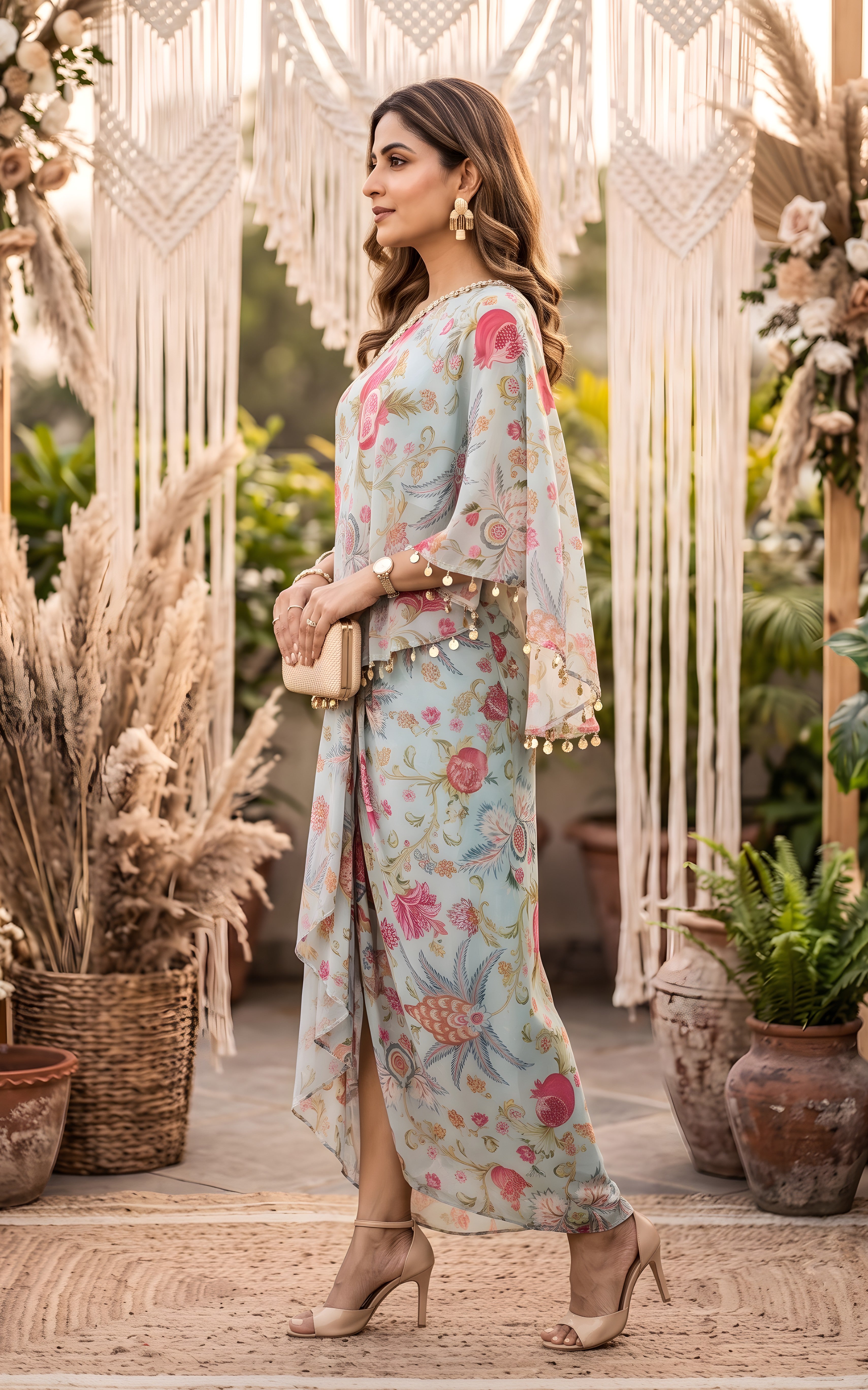 Light Blue Floral Georgette One-shoulder Top & Draped Skirt Co-ord Set