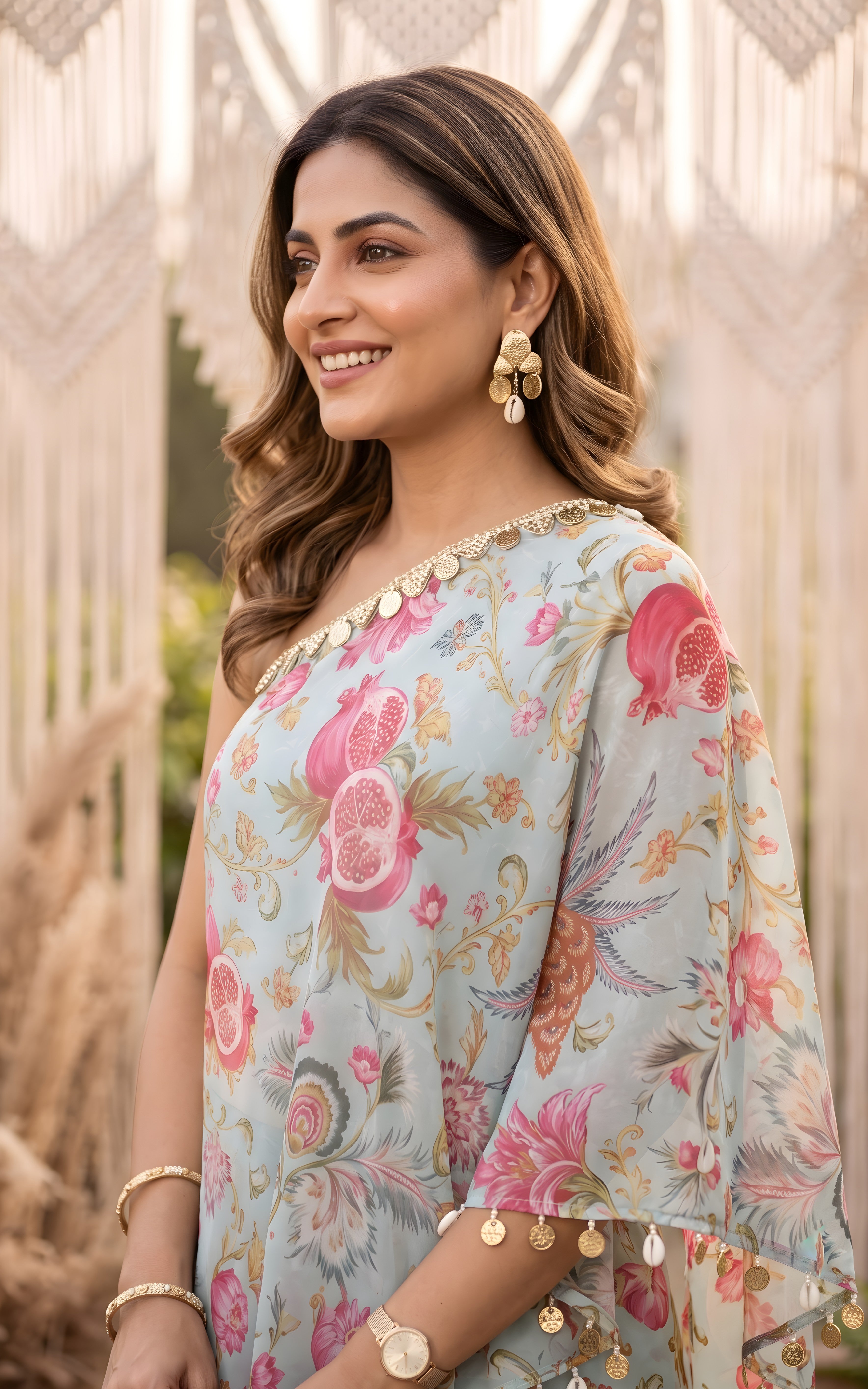 Light Blue Floral Georgette One-shoulder Top & Draped Skirt Co-ord Set