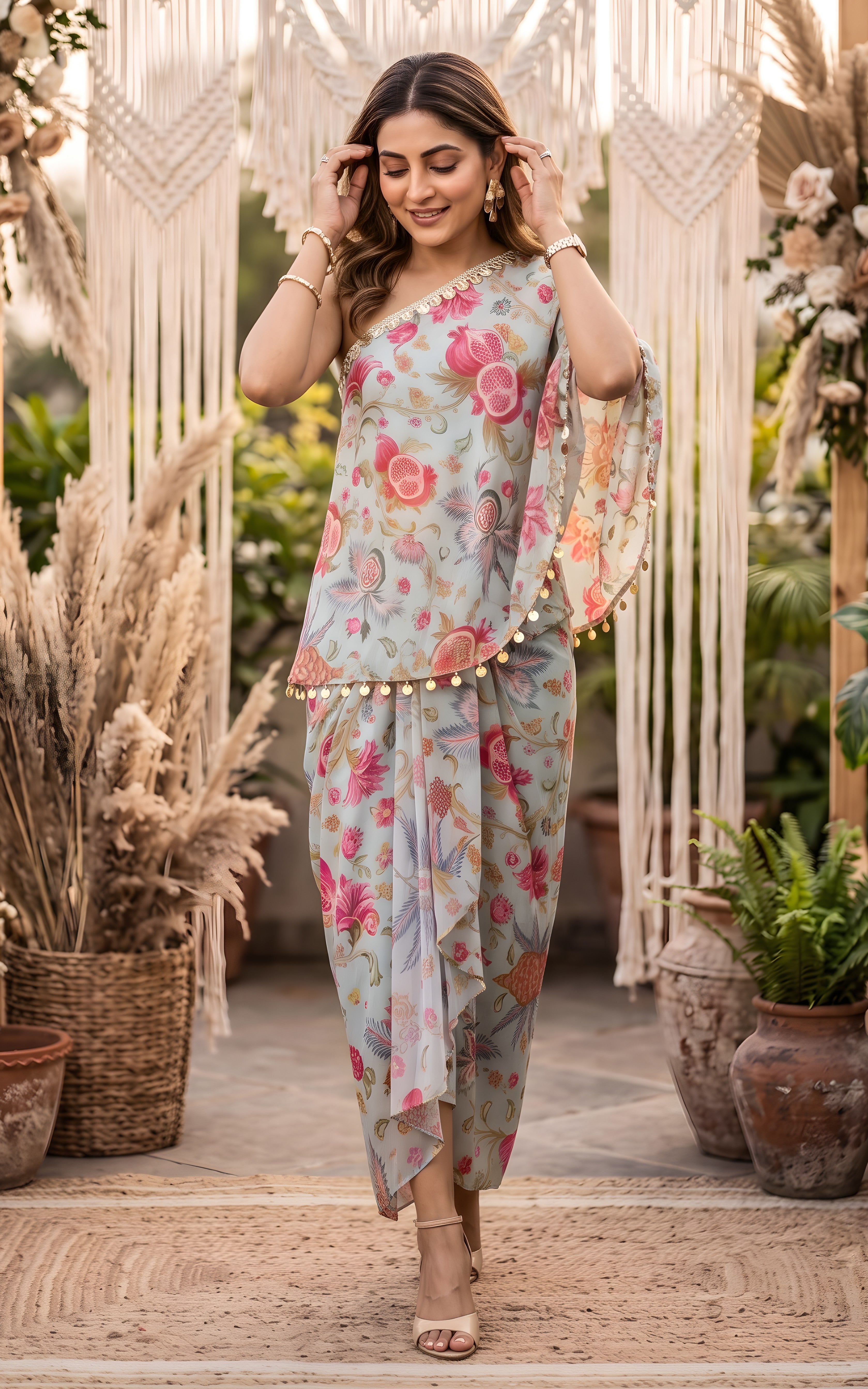 Light Blue Floral Georgette One-shoulder Top & Draped Skirt Co-ord Set