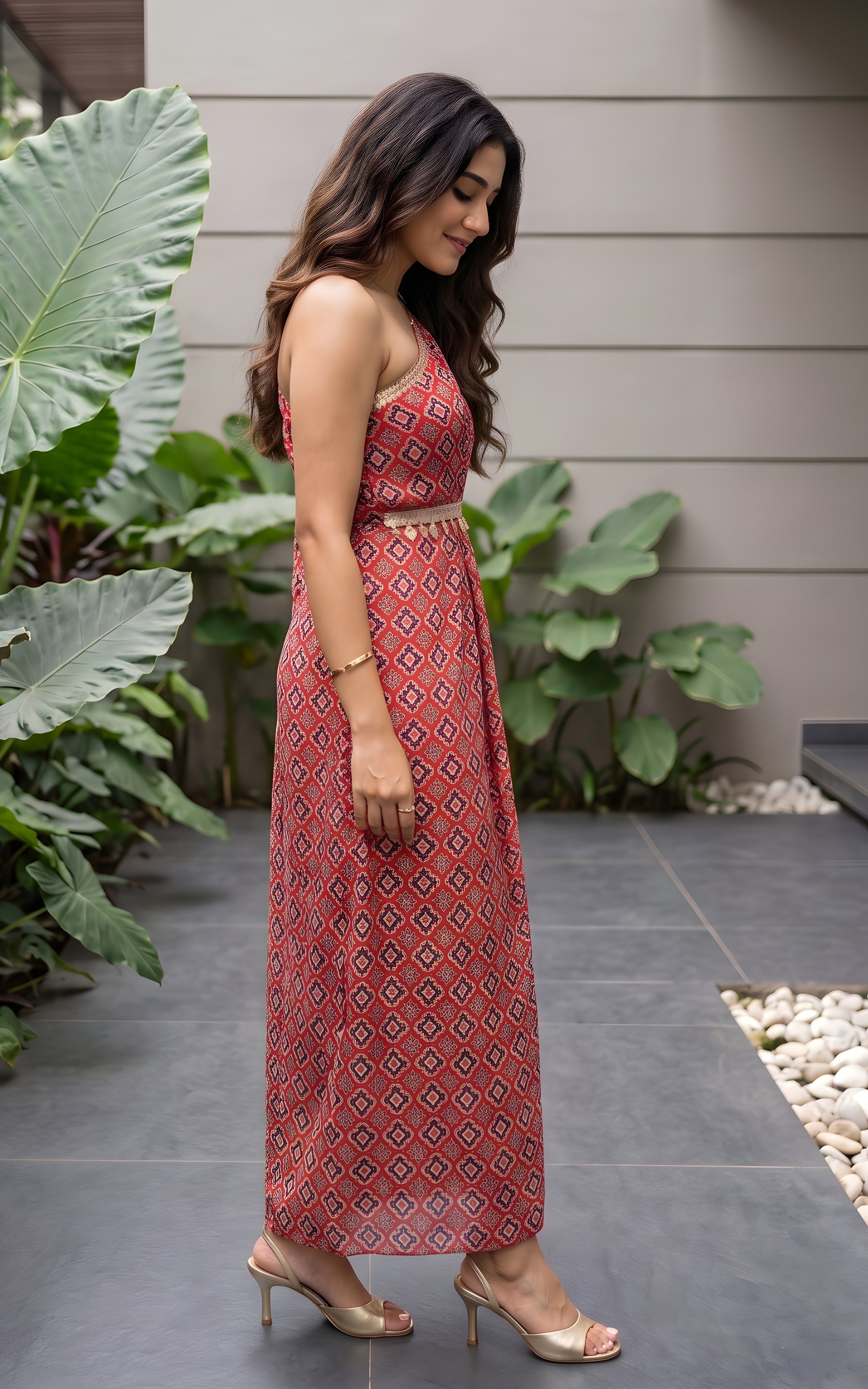 Red Geometric Print Sequinned Draped dress