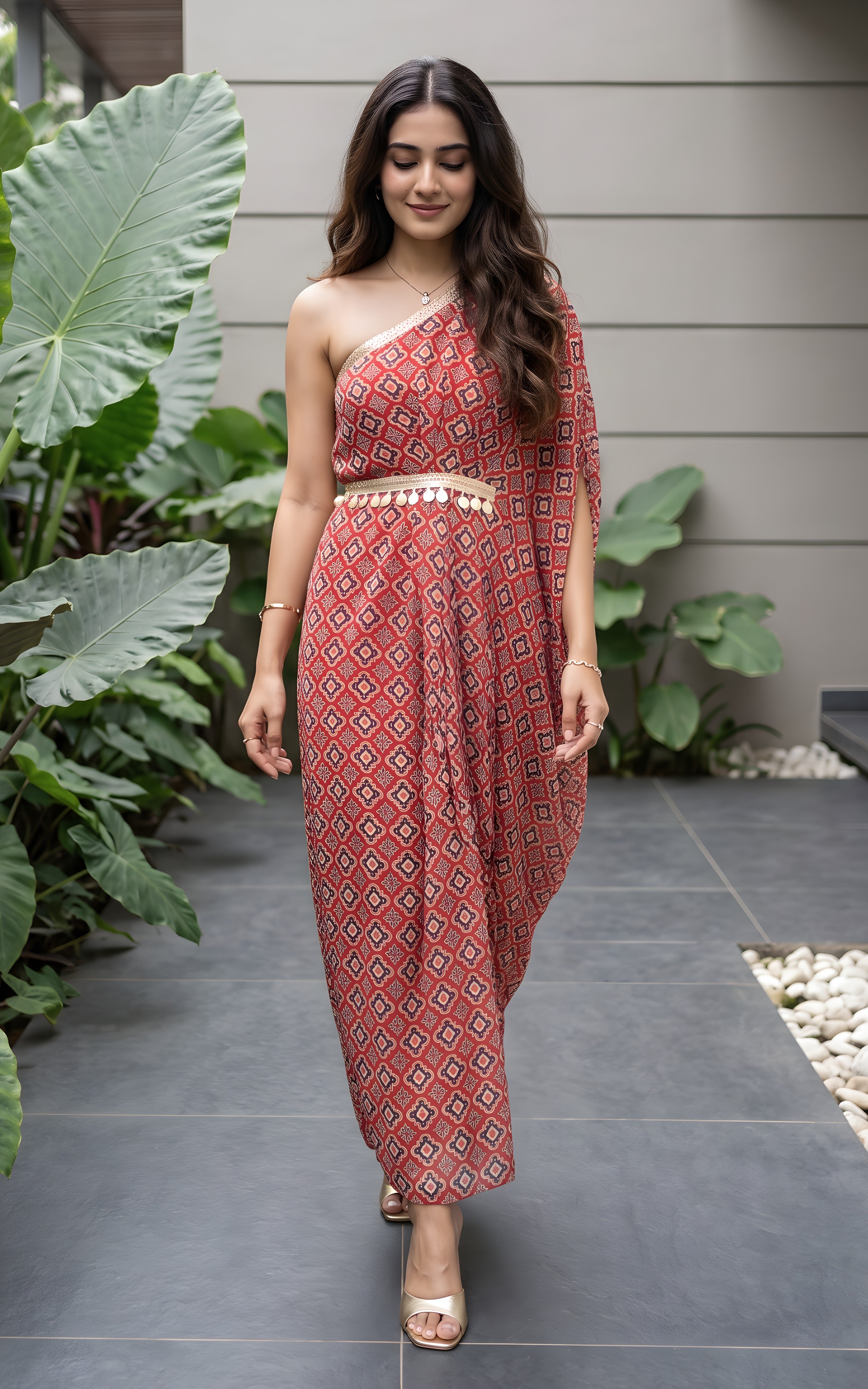Red Geometric Print Sequinned Draped dress