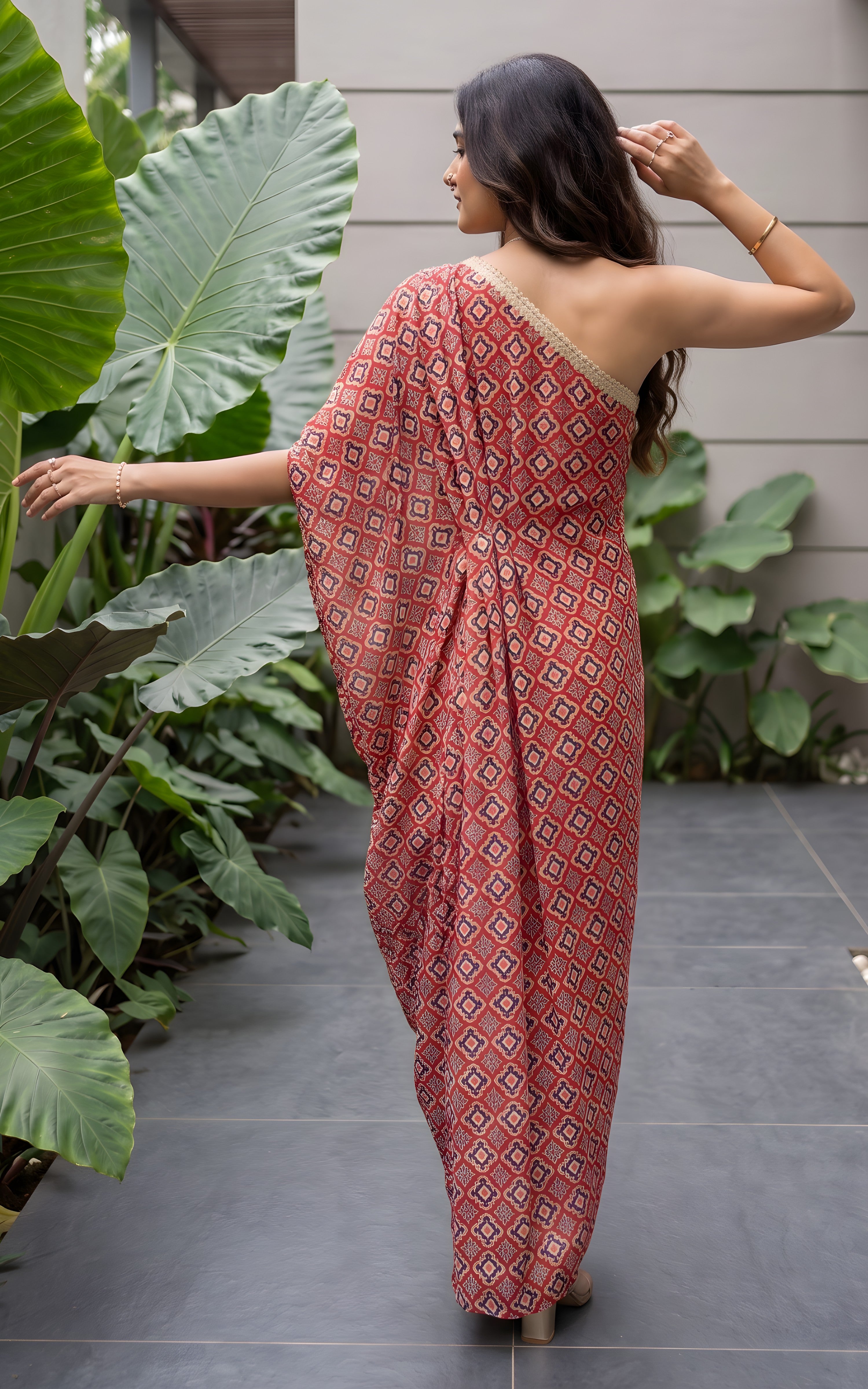 Red Geometric Print Sequinned Draped dress
