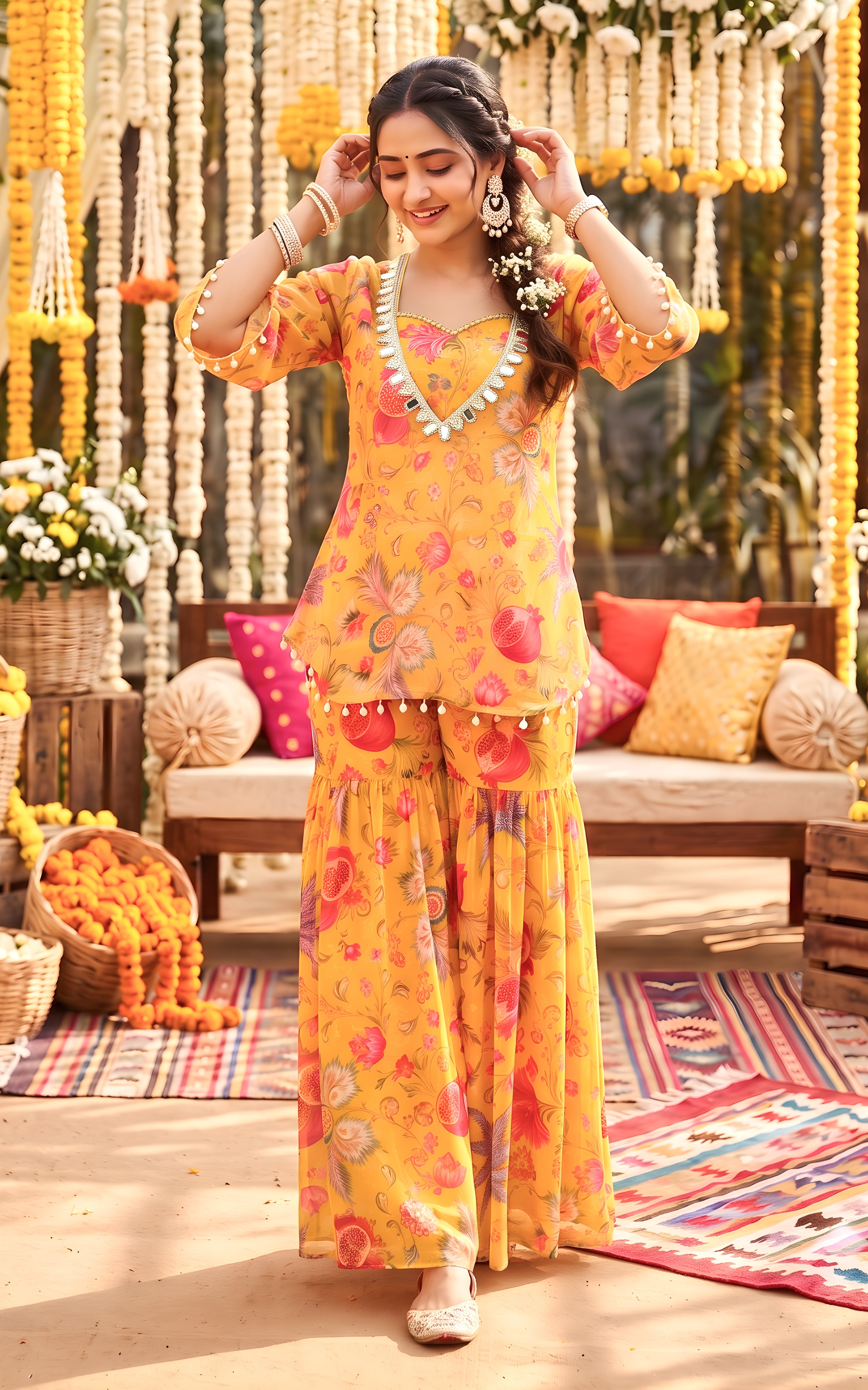 Yellow Anaar Print Kurti Crop-top Sharara Set