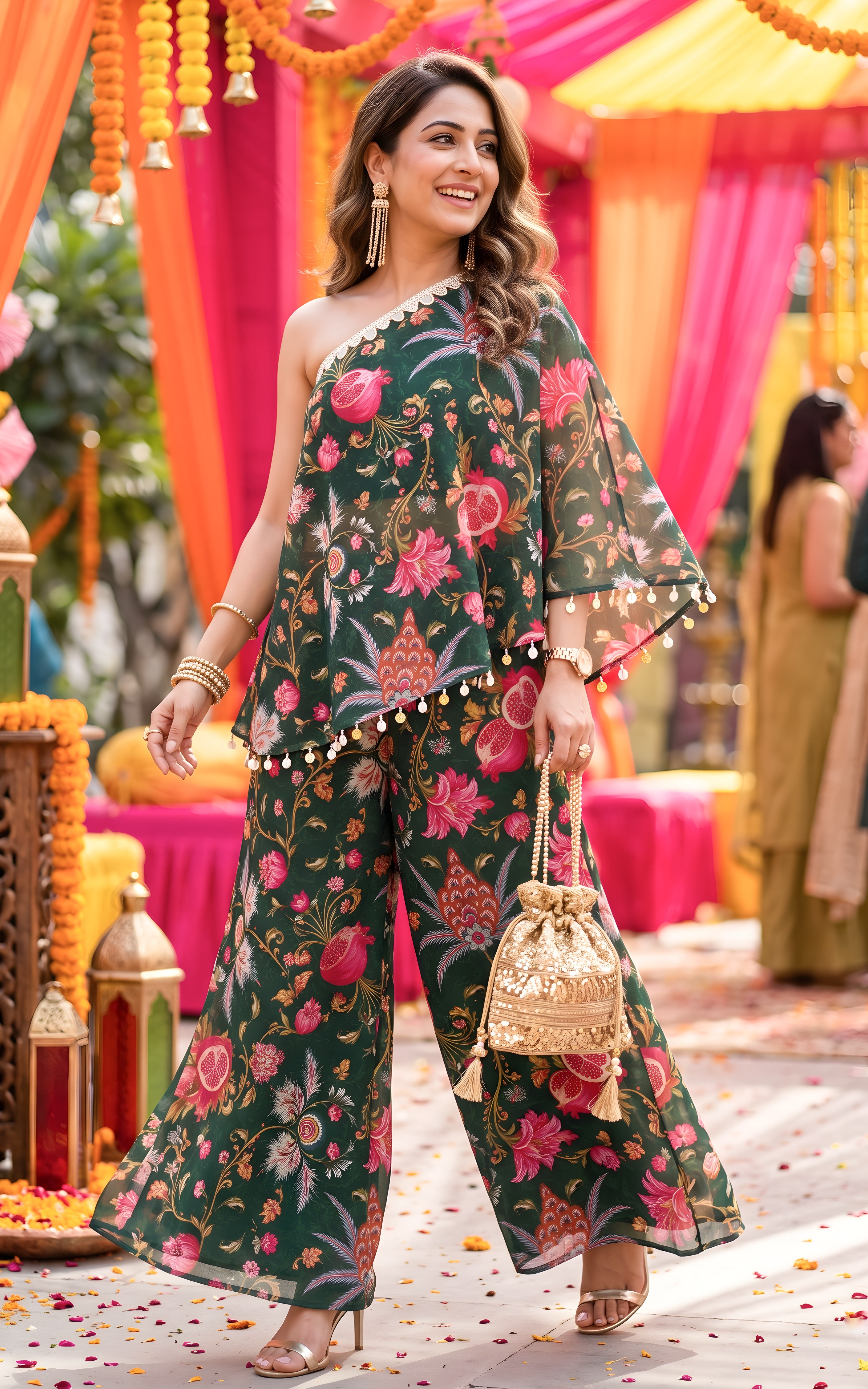 Forest Green Anar print Georgette One-Shoulder Co-Ord Set