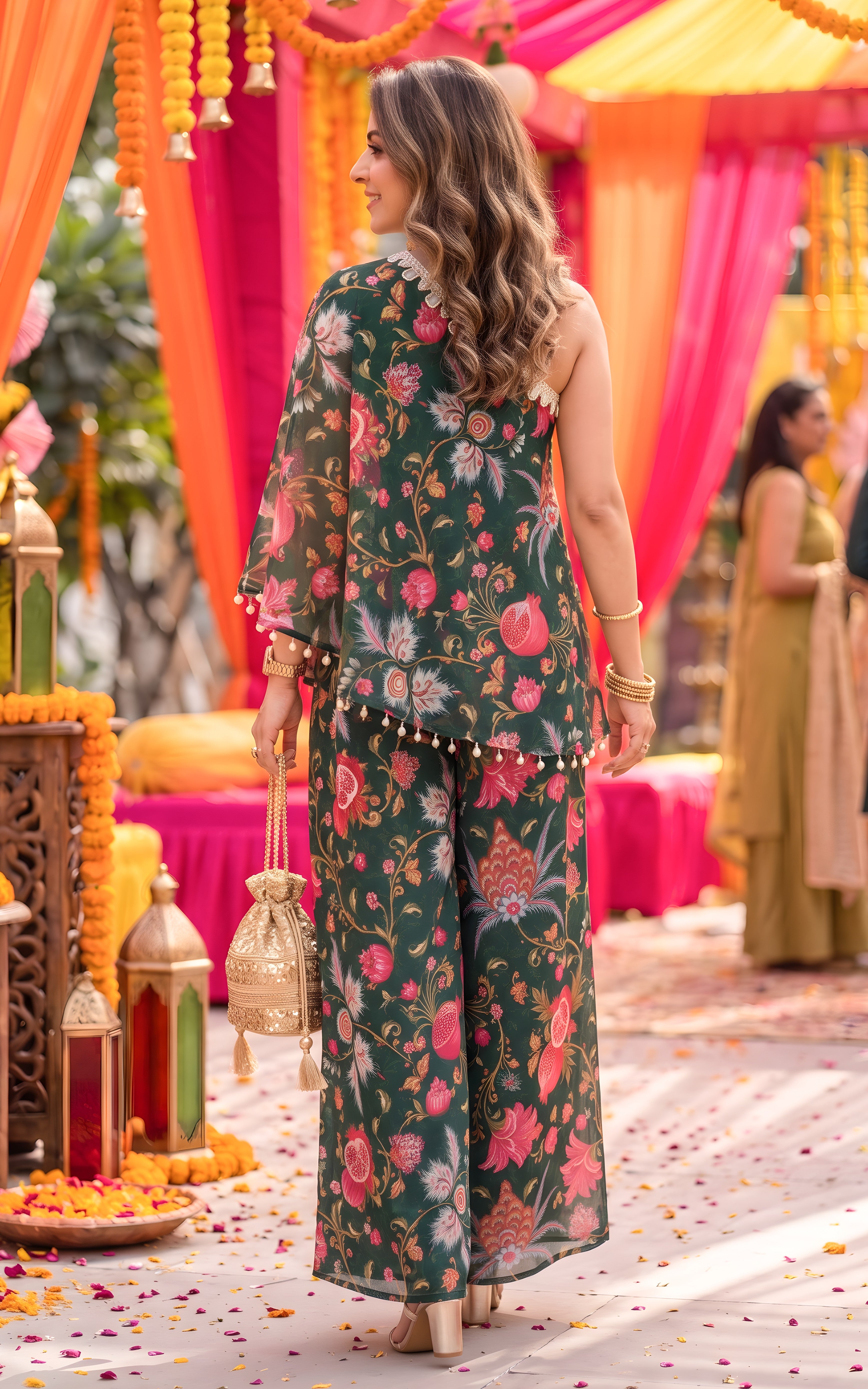 Forest Green Anar print Georgette One-Shoulder Co-Ord Set