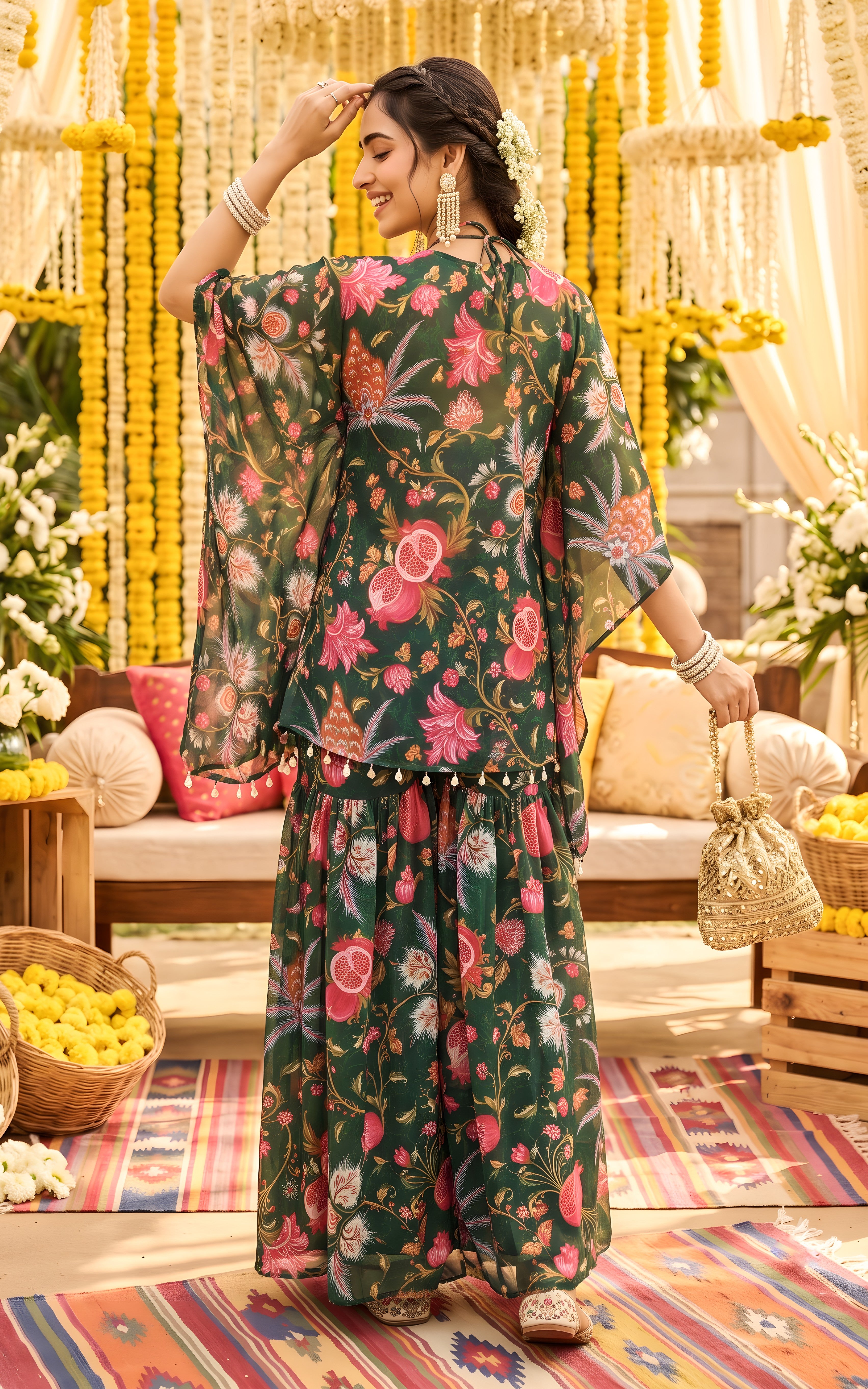 Bottle Green Anaar Print Crop-top Sharara Set
