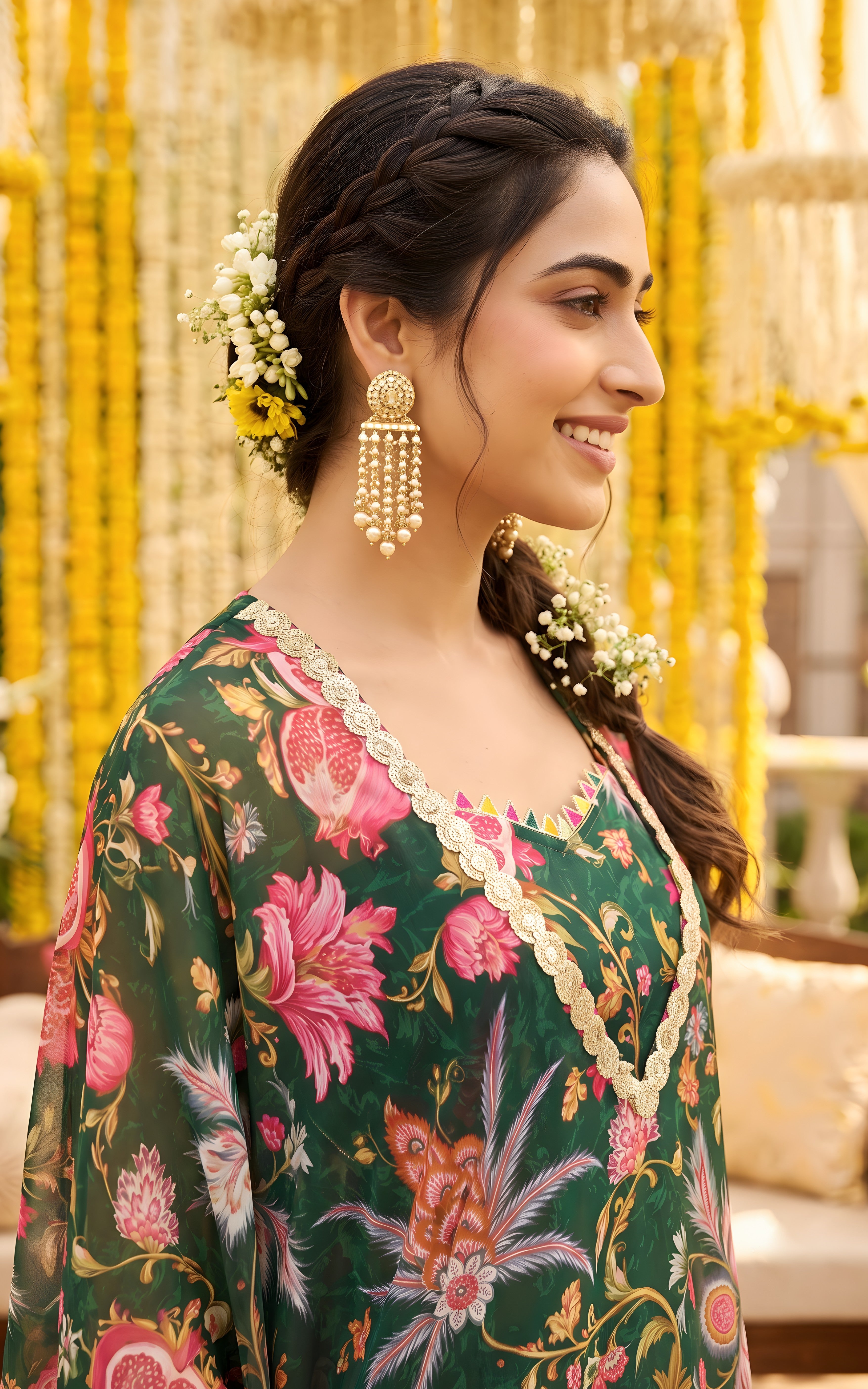 Bottle Green Anaar Print Crop-top Sharara Set