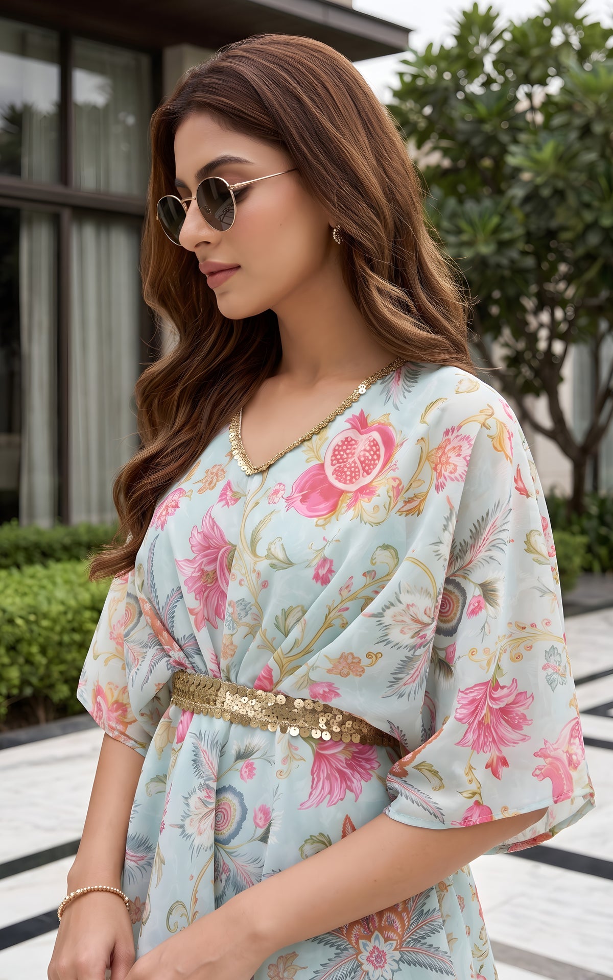 Sky Blue Anaar Print Kaftan Top & Pants Co-ord Set