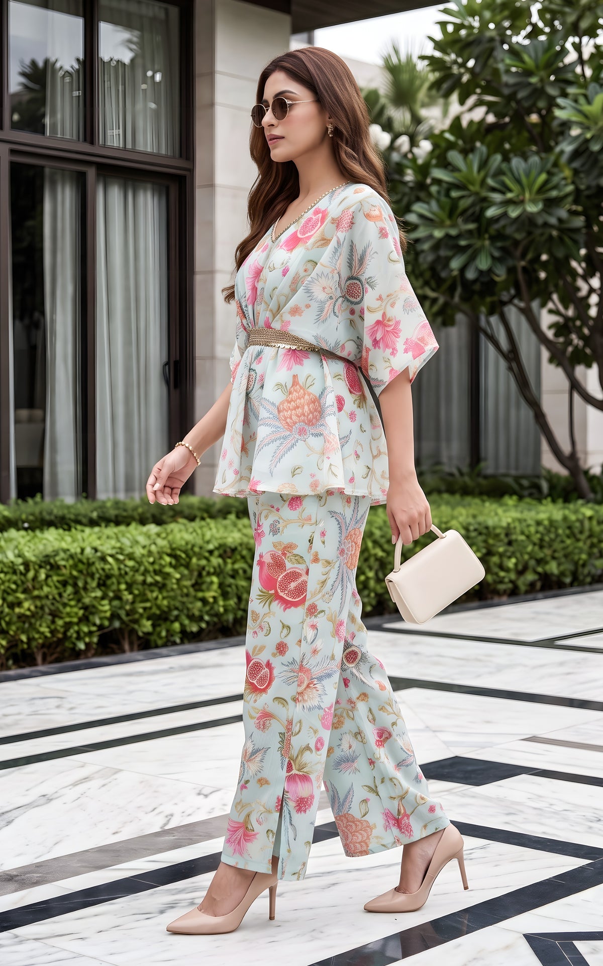 Sky Blue Anaar Print Kaftan Top & Pants Co-ord Set