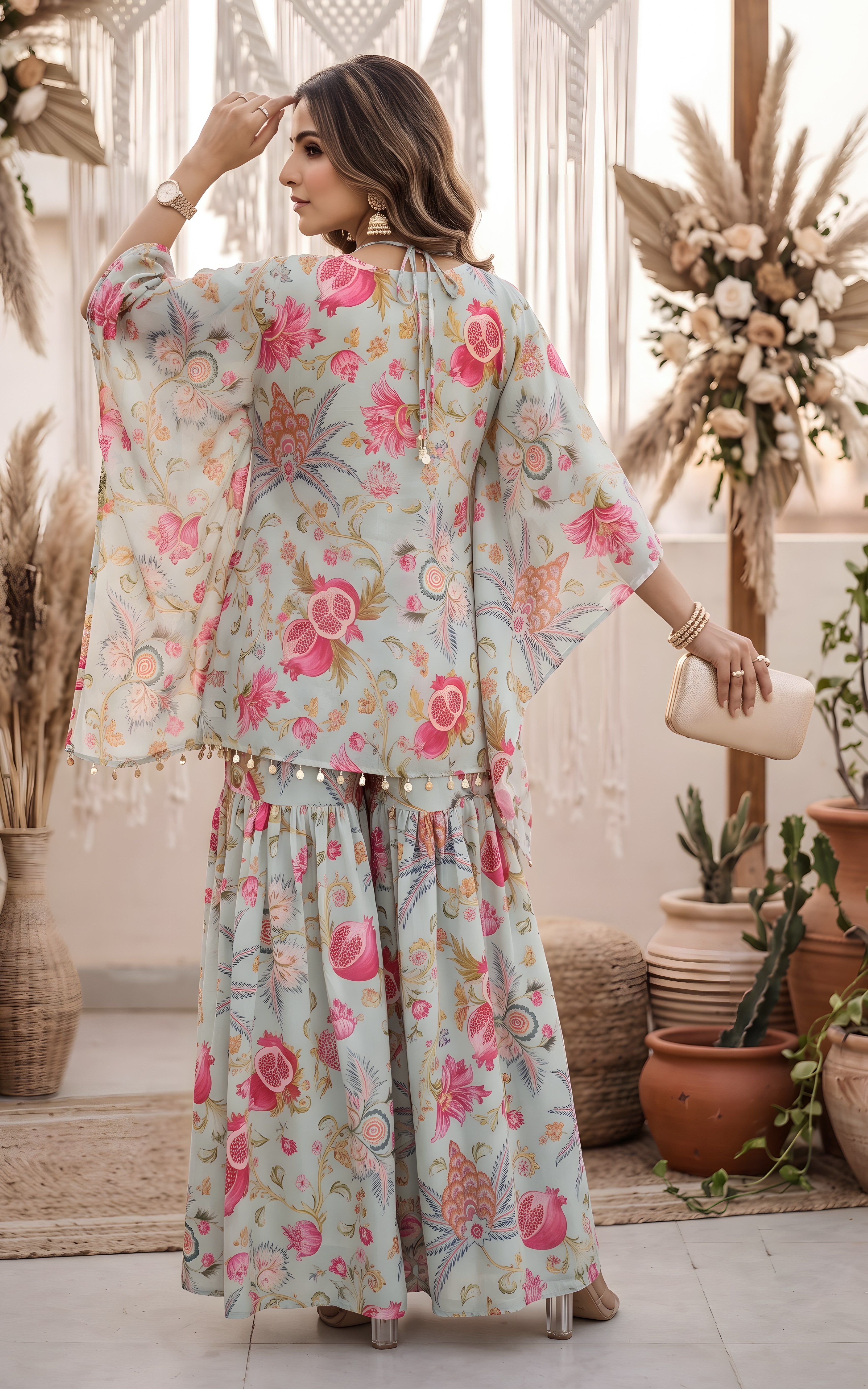 Sky Blue Anaar Print Crop-top Sharara Set
