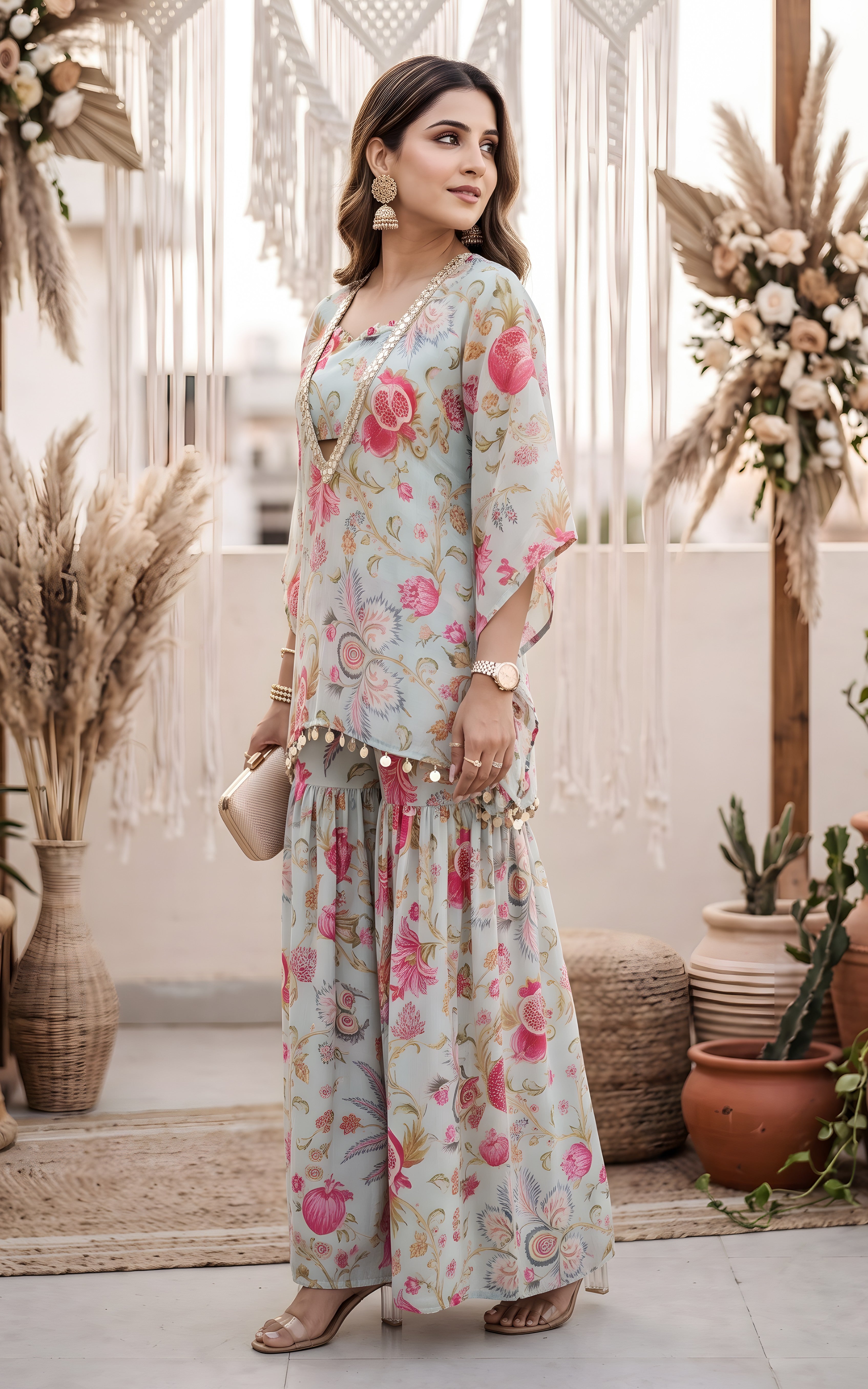 Sky Blue Anaar Print Crop-top Sharara Set