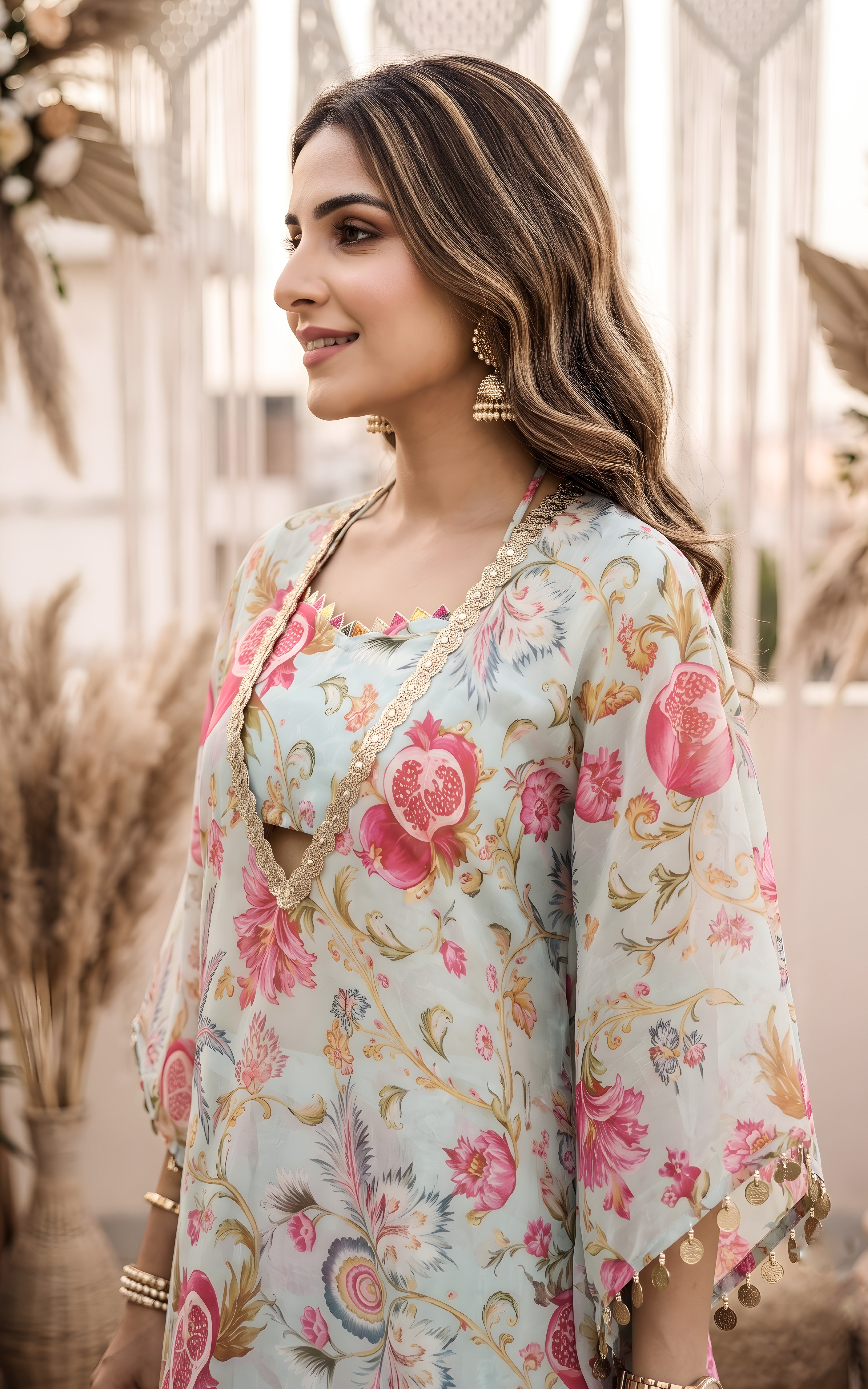 Sky Blue Anaar Print Crop-top Sharara Set