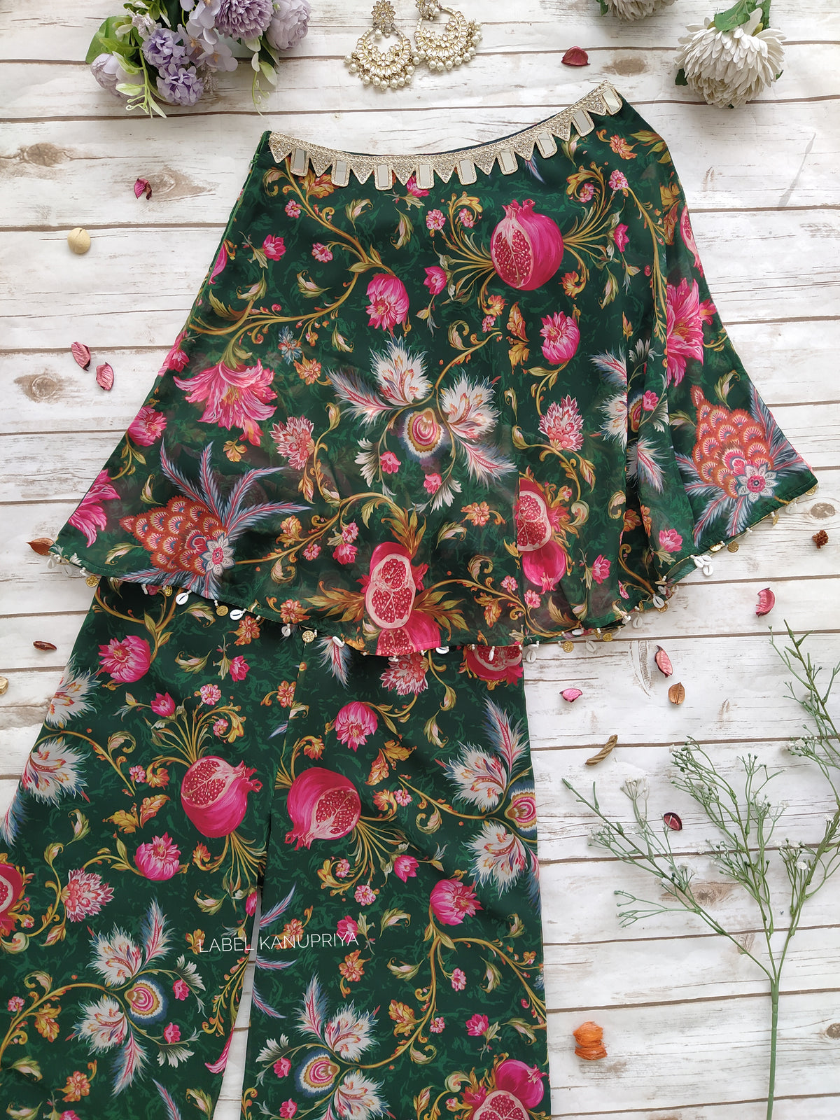 Forest Green Anar print Georgette One-Shoulder Co-Ord Set