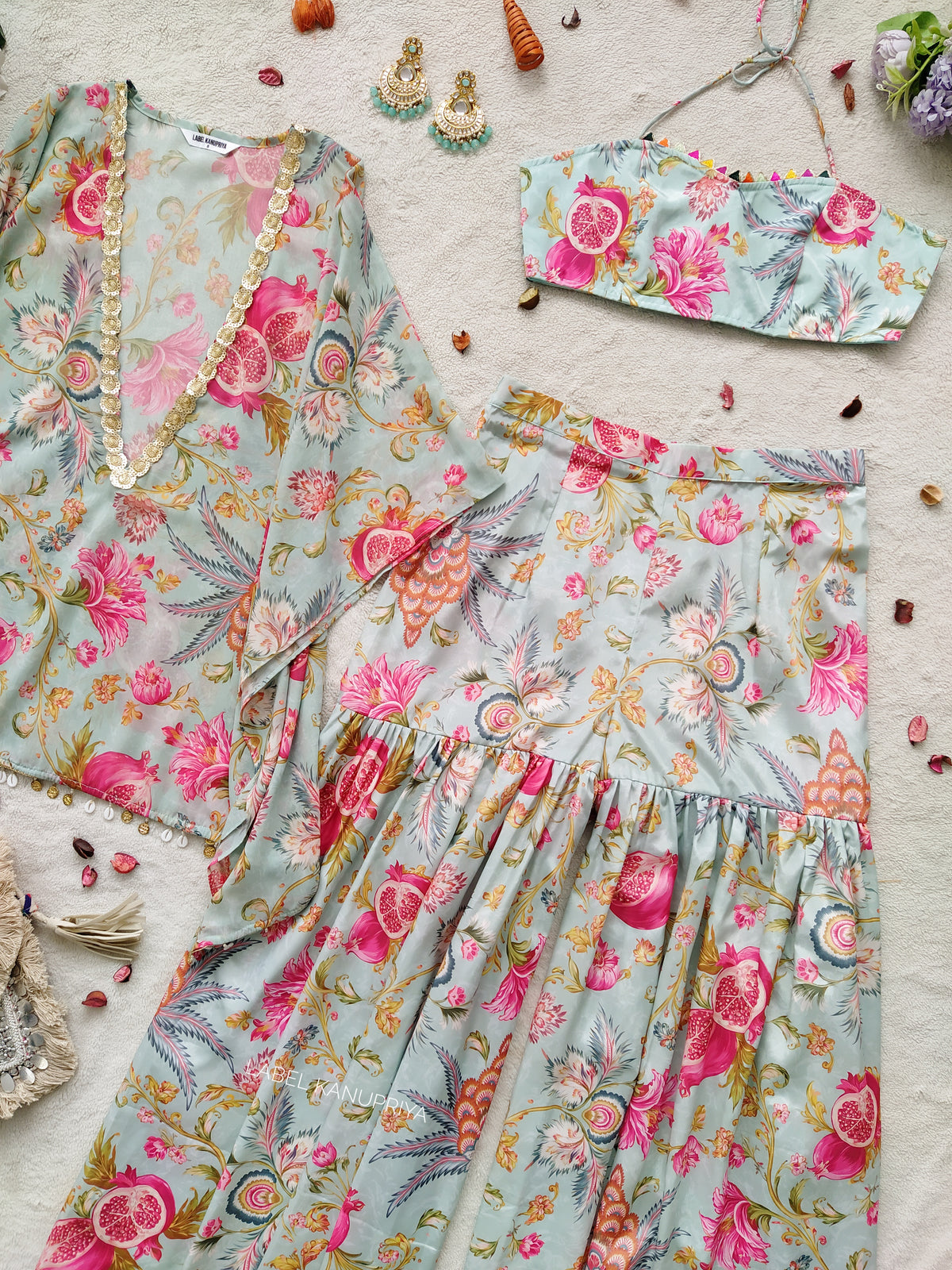 Sky Blue Anaar Print Crop-top Sharara Set