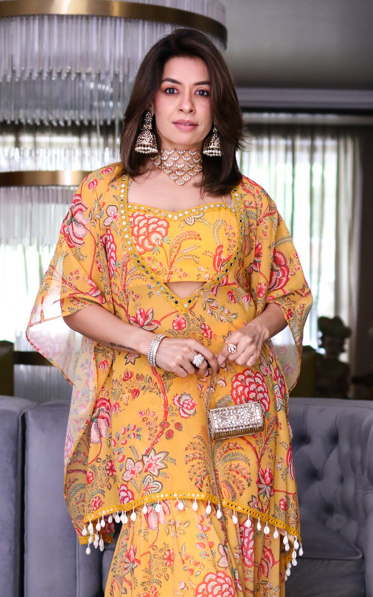 Mustard Floral Printed Crop Top Sharara Kaftan Set