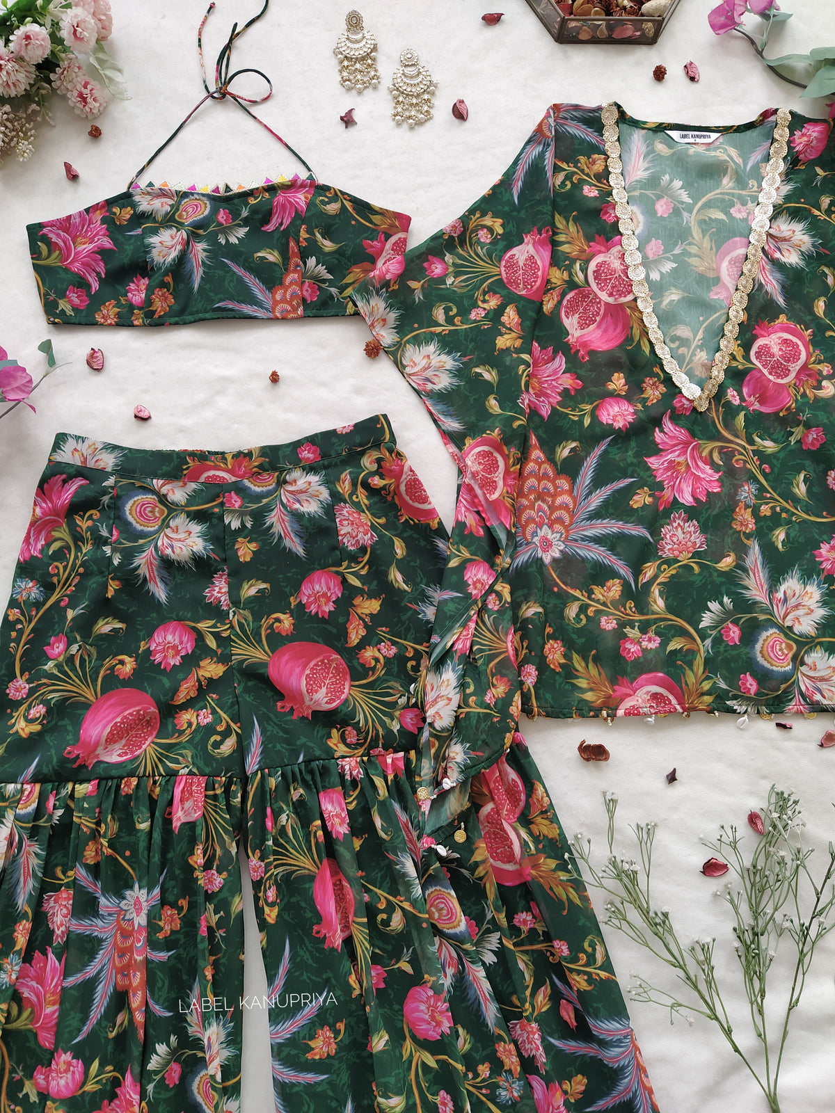 Bottle Green Anaar Print Crop-top Sharara Set