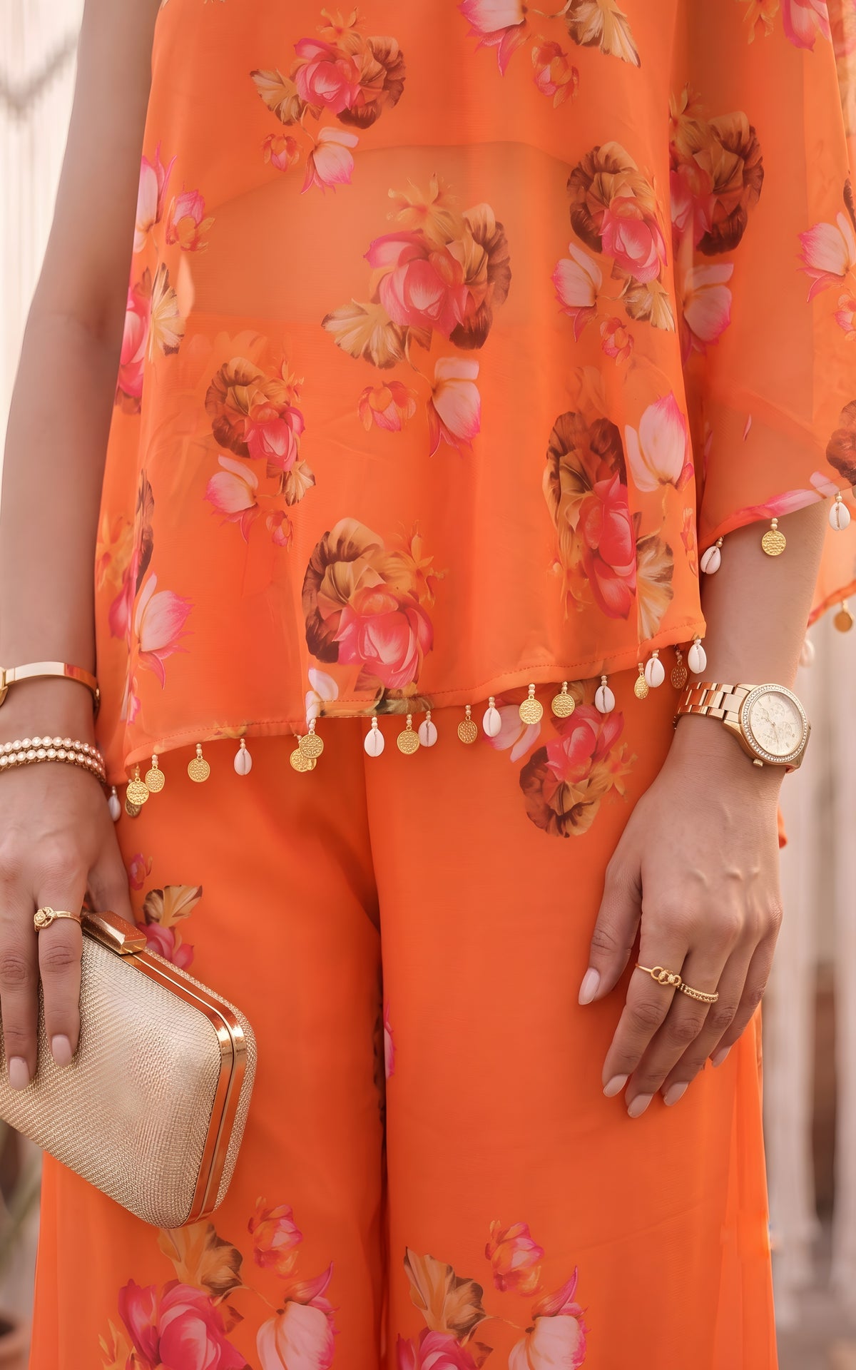 Orange Lotus One-Shoulder Co-ord Set