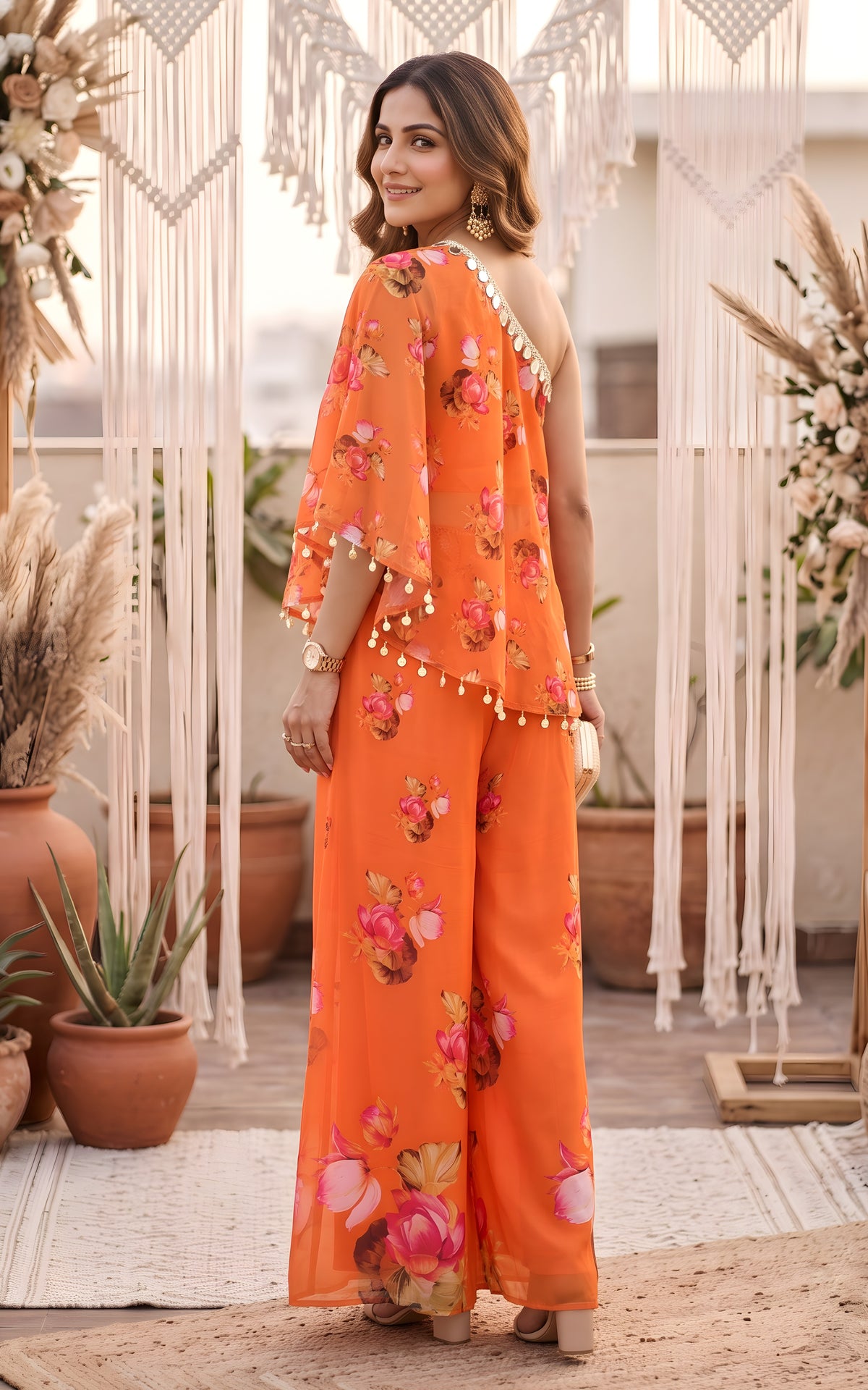 Orange Lotus One-Shoulder Co-ord Set