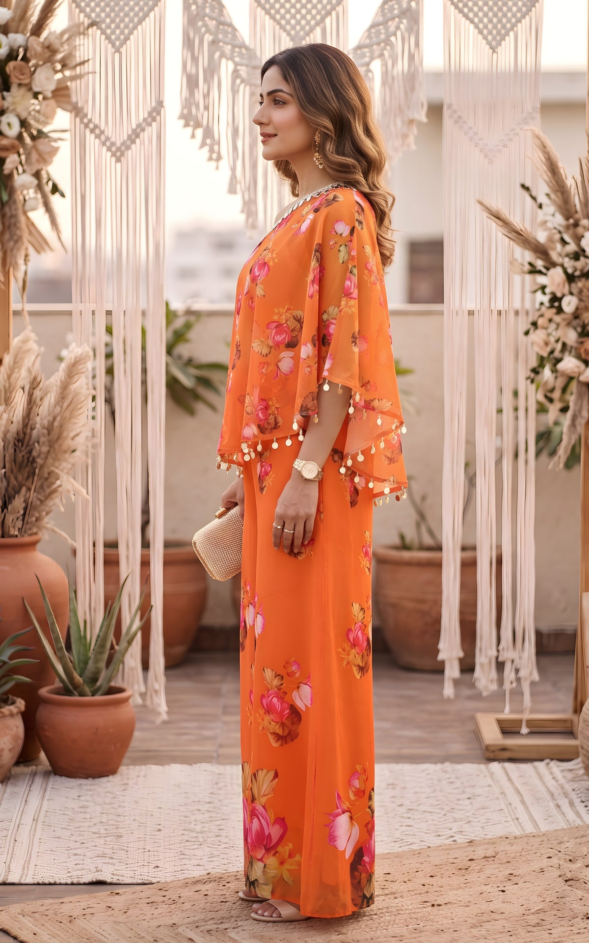 Orange Lotus One-Shoulder Co-ord Set